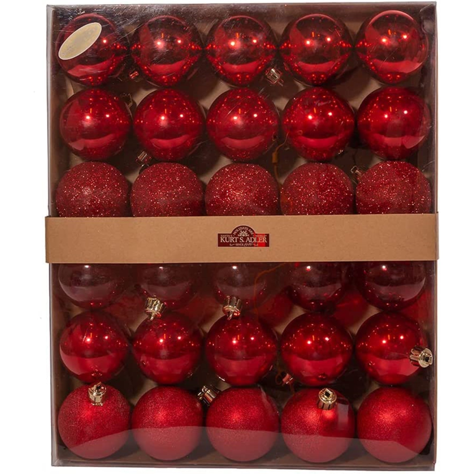 Kurt Adler Shatterproof Christmas Tree Ornament Set, Multi-finished Red Balls, 2.5" (30-Count)