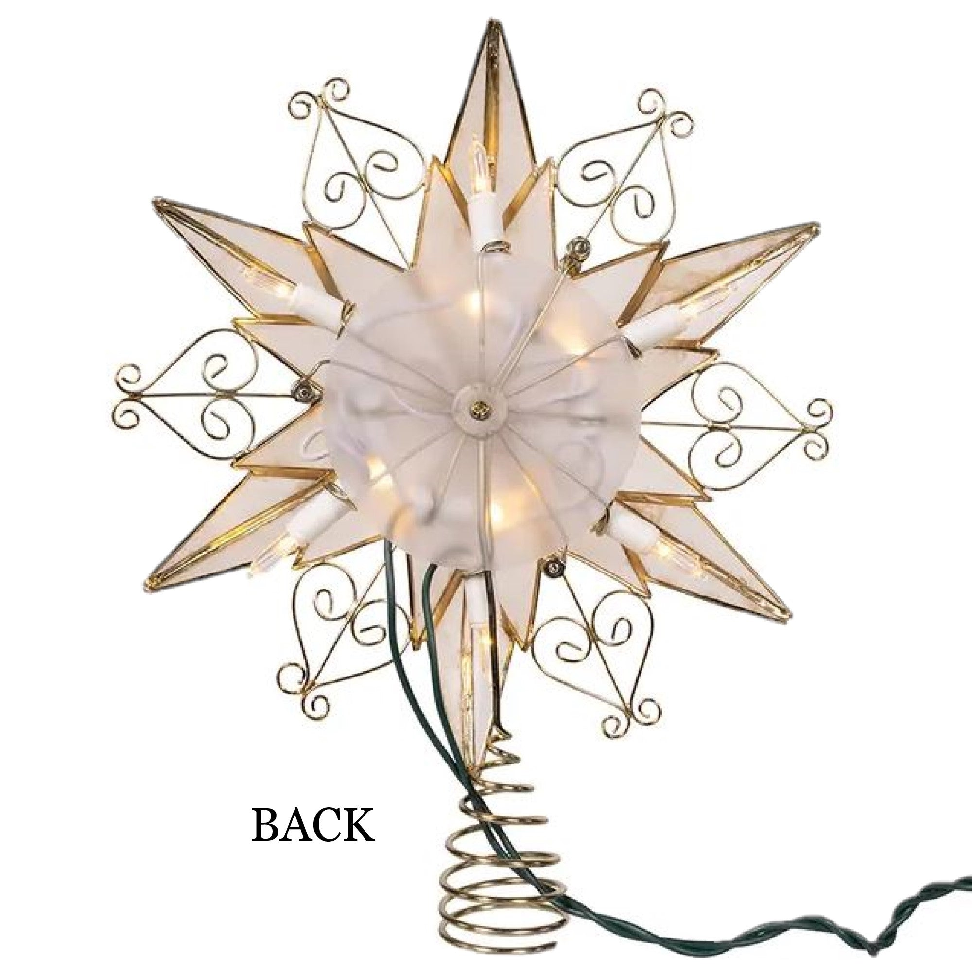 Kurt Adler 10-Light LED Brass Plated Capiz Star Tree Topper, 6-Point with Scroll Design