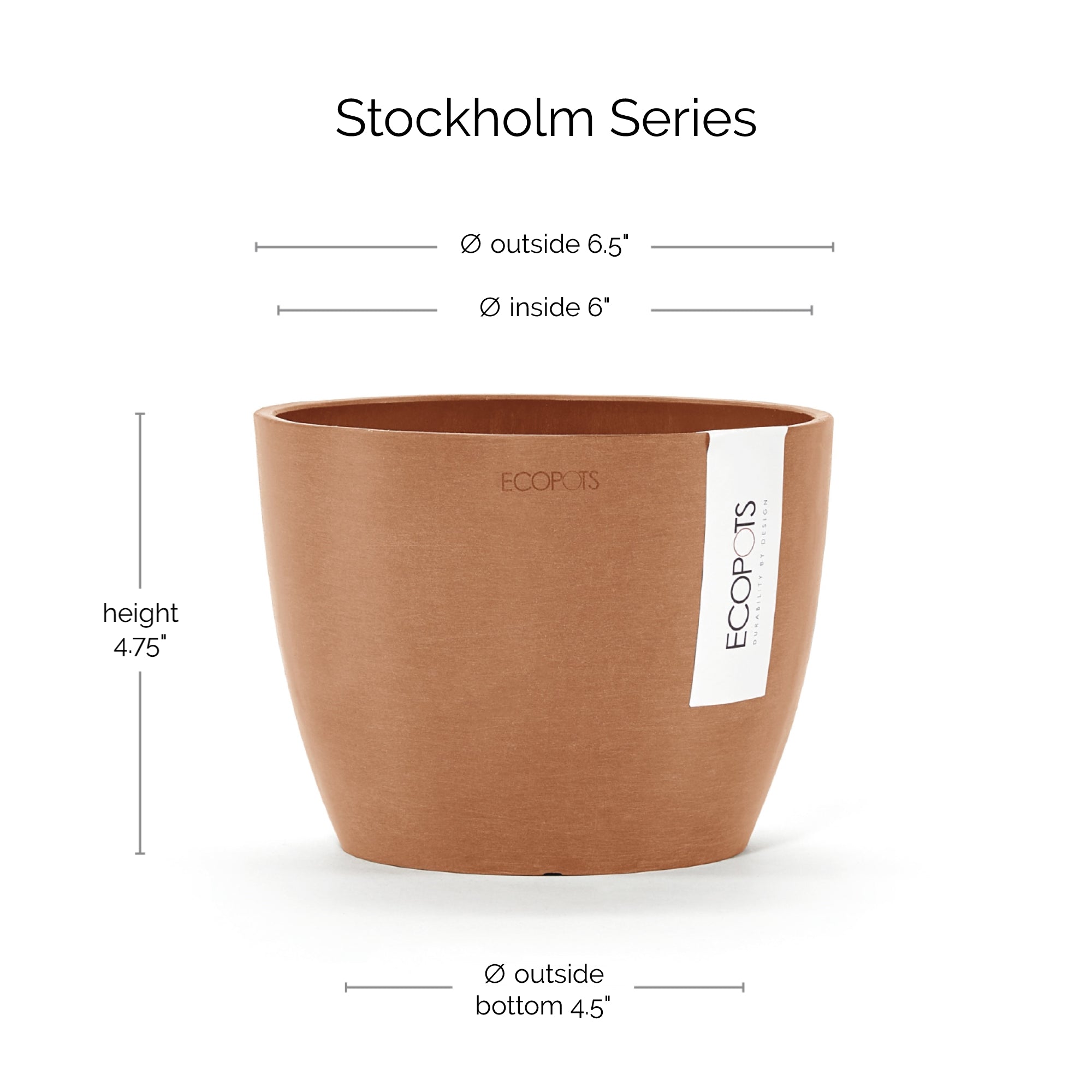 Ecopots Stockholm Mini Durable Modern Round Indoor/Outdoor Recycled-Based Composite Flower Pot Planter, 6"