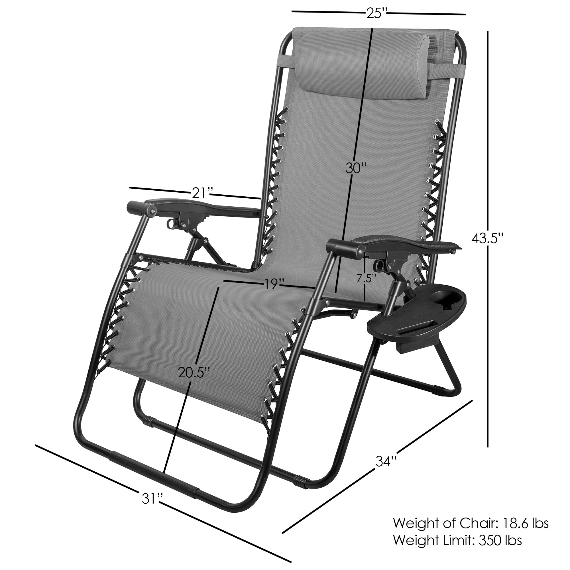 Four Seasons Steel Reclining Zero Gravity Lawn Chair with Cup Holder, Foot Rest, and Pillow, XL, Gray