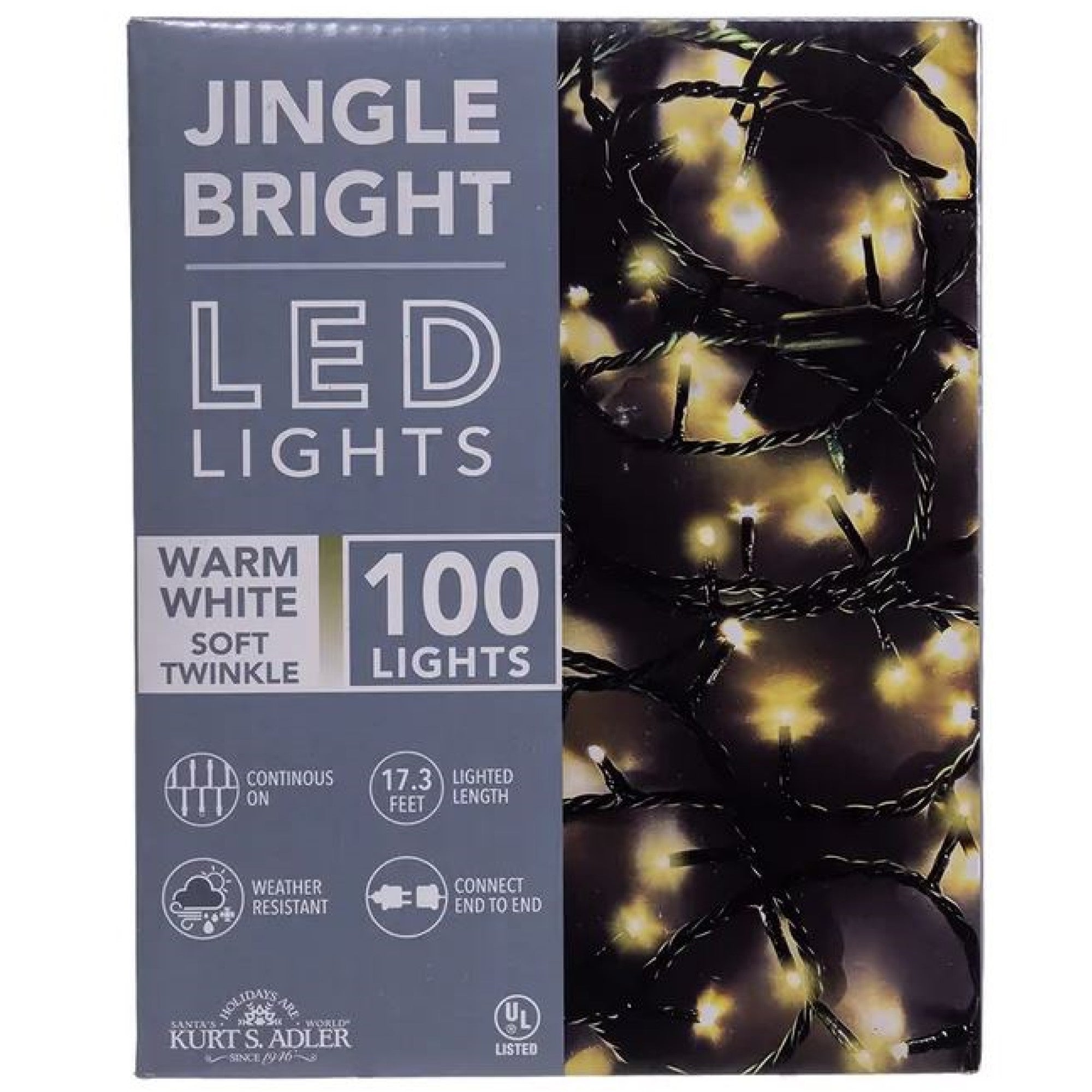 Kurt Adler Indoor/Outdoor Jingle Bright LED Light Set, 100 LED Lights on Green Wire, Warm White Soft Twinkle, 17ft