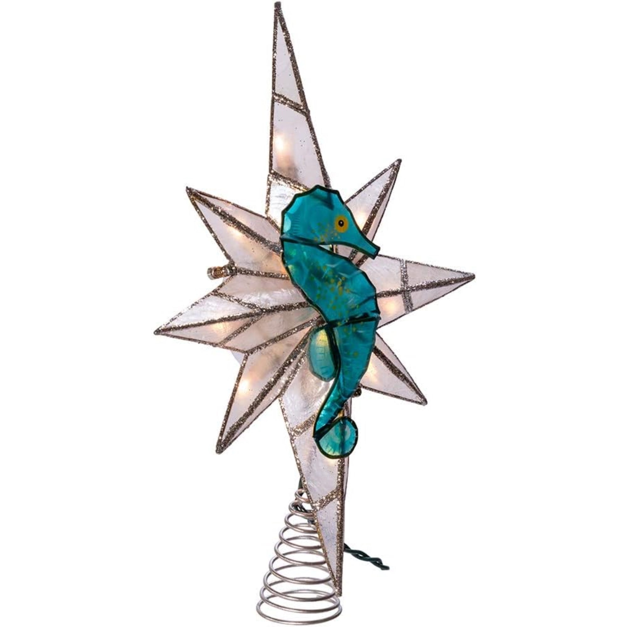 Kurt Adler 8-Point Illuminated Capiz Shell Bethlehem Star with Seahorse Treetop, 10 Incandescent Lights, 11.4"