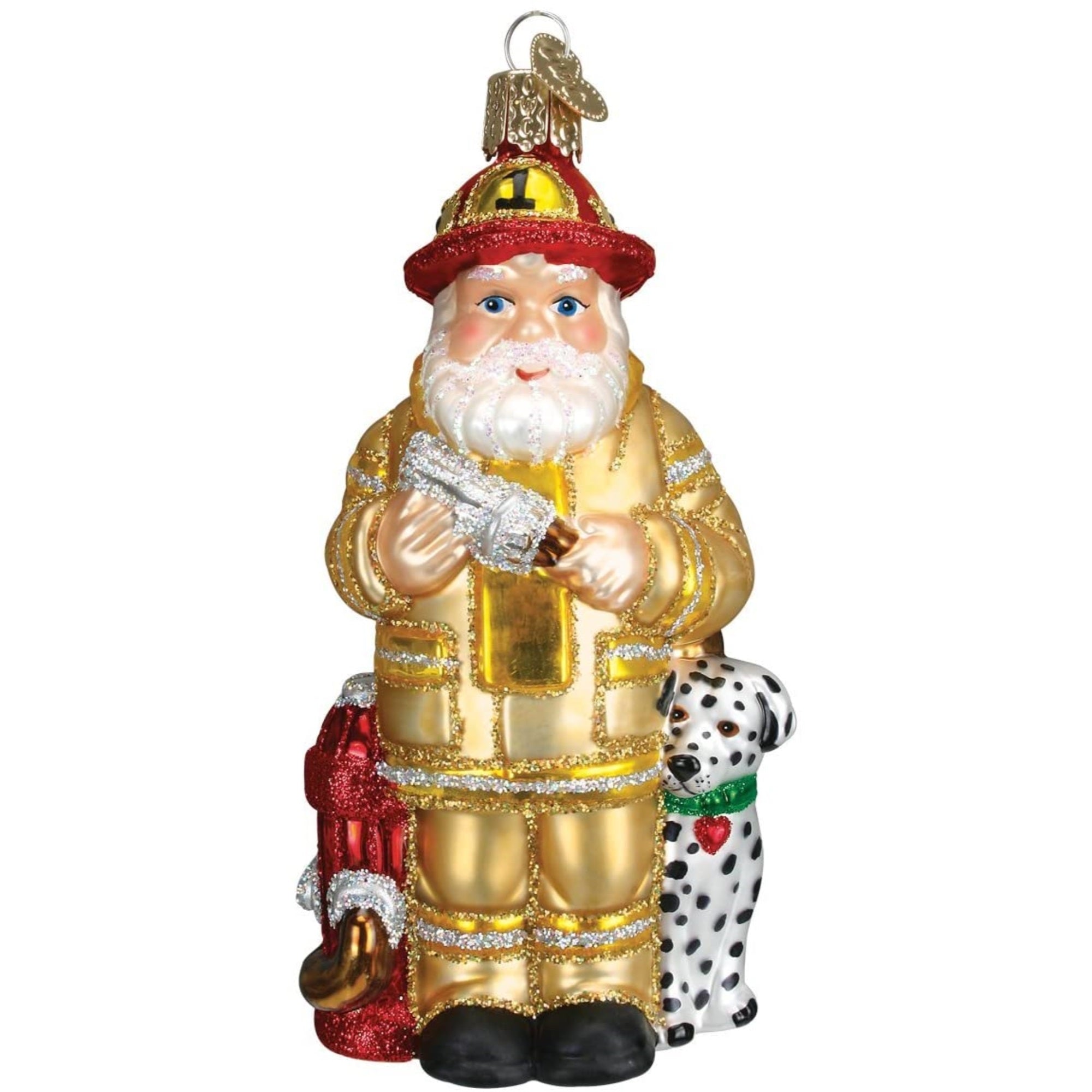 Old World Christmas Blown Glass Ornament for Christmas Tree, Yellow Fireman Santa