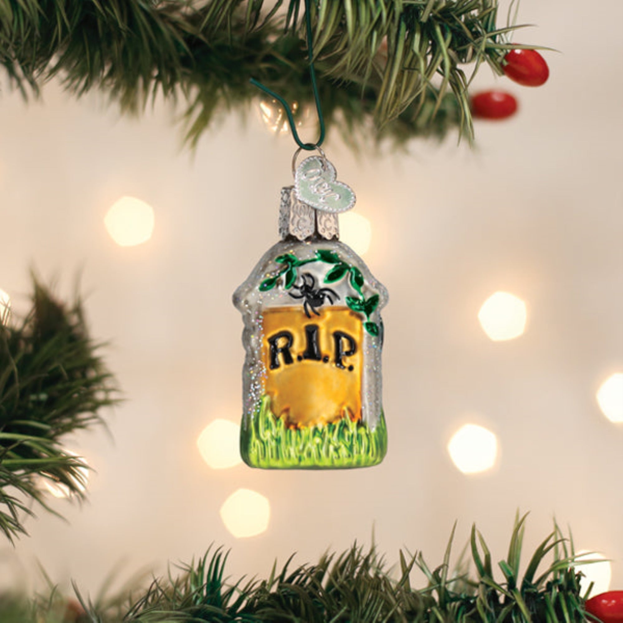 Old World Christmas Blown Glass Hanging Ornament for Halloween, Mini Tombstone (with OWC Gift Box)