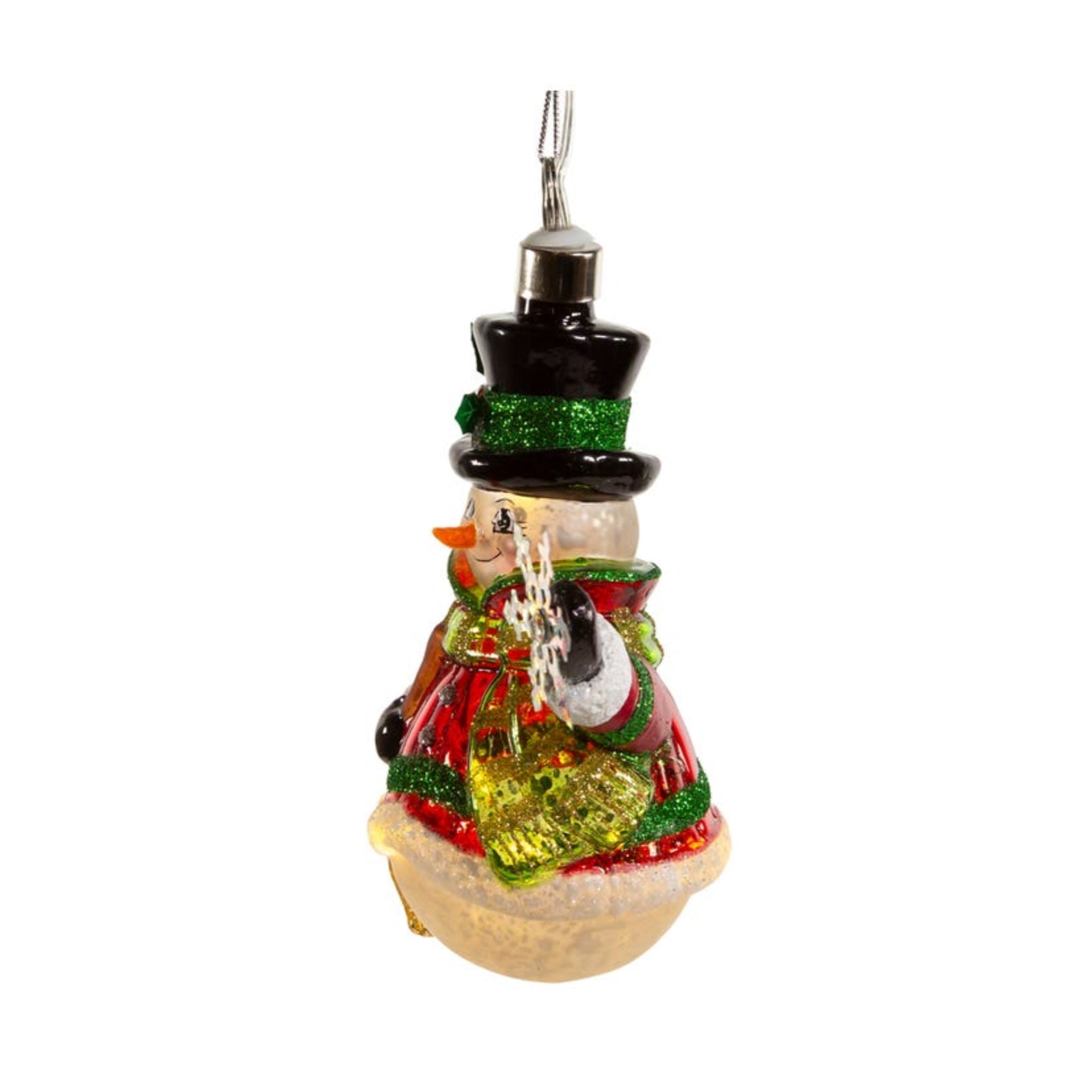 Kurt Adler Pre-lit Hanging Glass Ornament, Warm White LED's, USB-Powered Snowman with Snowflake