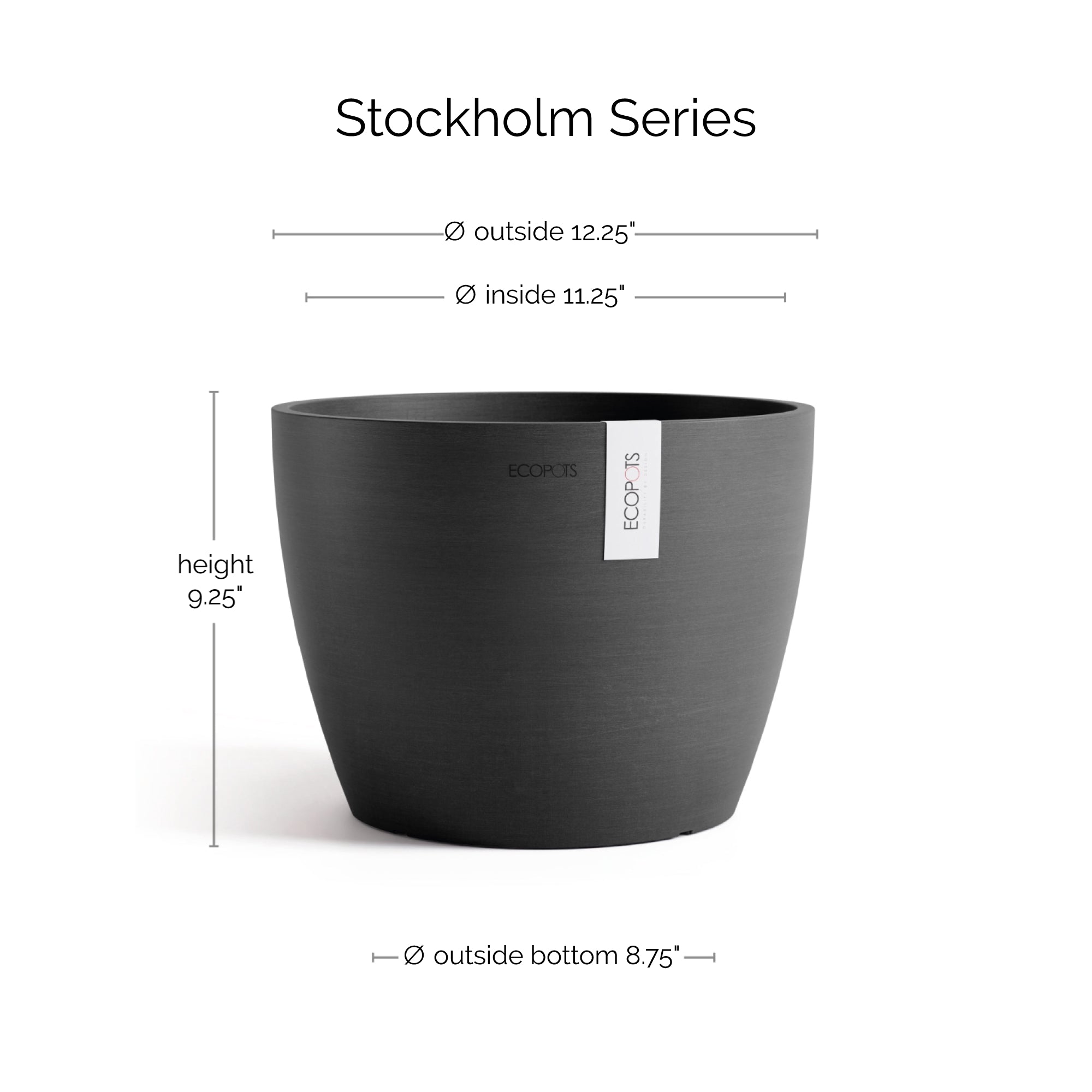 EcoPots Stockholm Durable Indoor/Outdoor Modern Round Recycled Plastic Planter Flower Pot