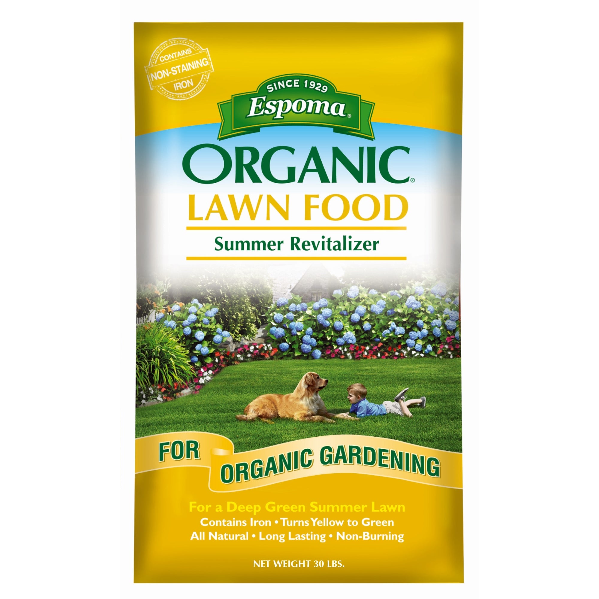 Espoma Organic 8-0-0 Lawn Food Summer Revitalizer Natural & Organic for All Lawns, Provides Iron & Long-Lasting Organic Nitrogen for a Greener Lawn, 30lb