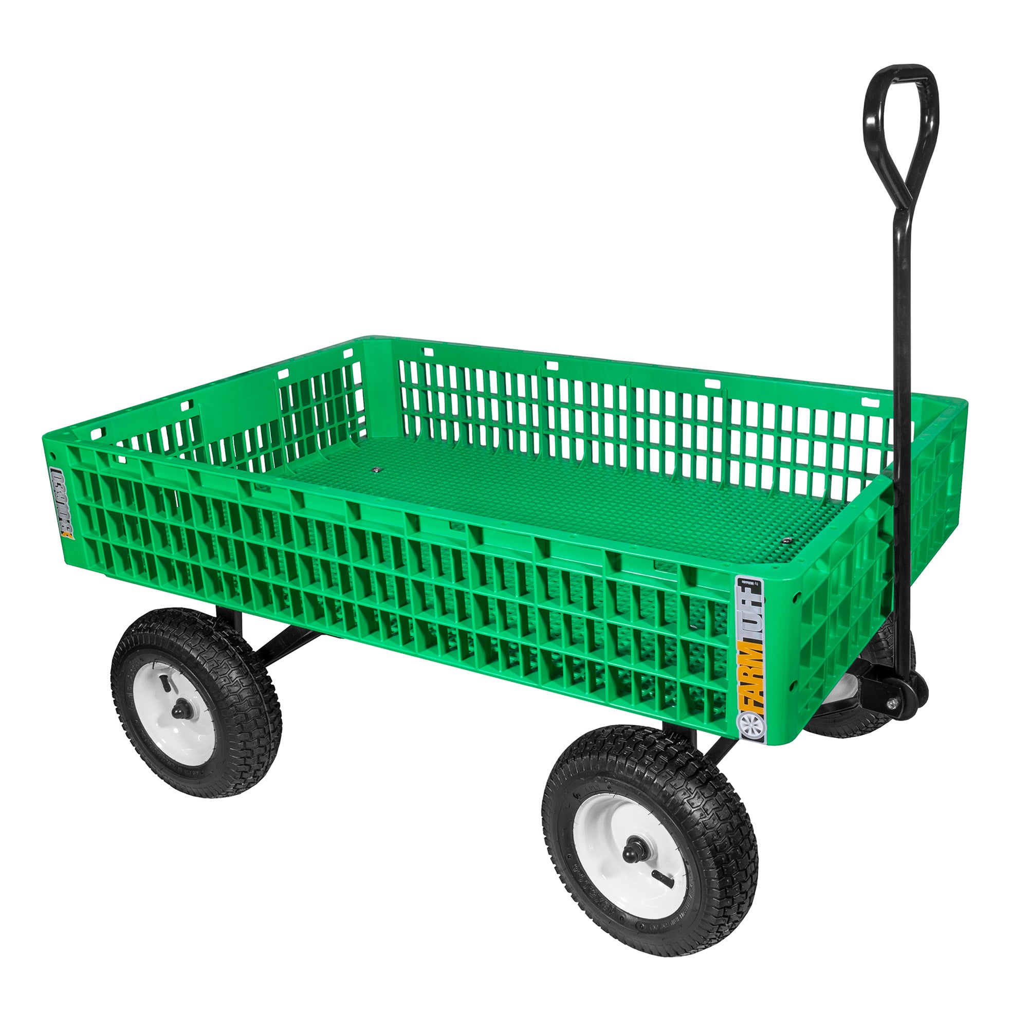 Farm Tuff Durable Plastic Crate Garden Wagon Utility Cart with Pneumatic Tires for Outdoor Hauling, Green, 30" x 46"