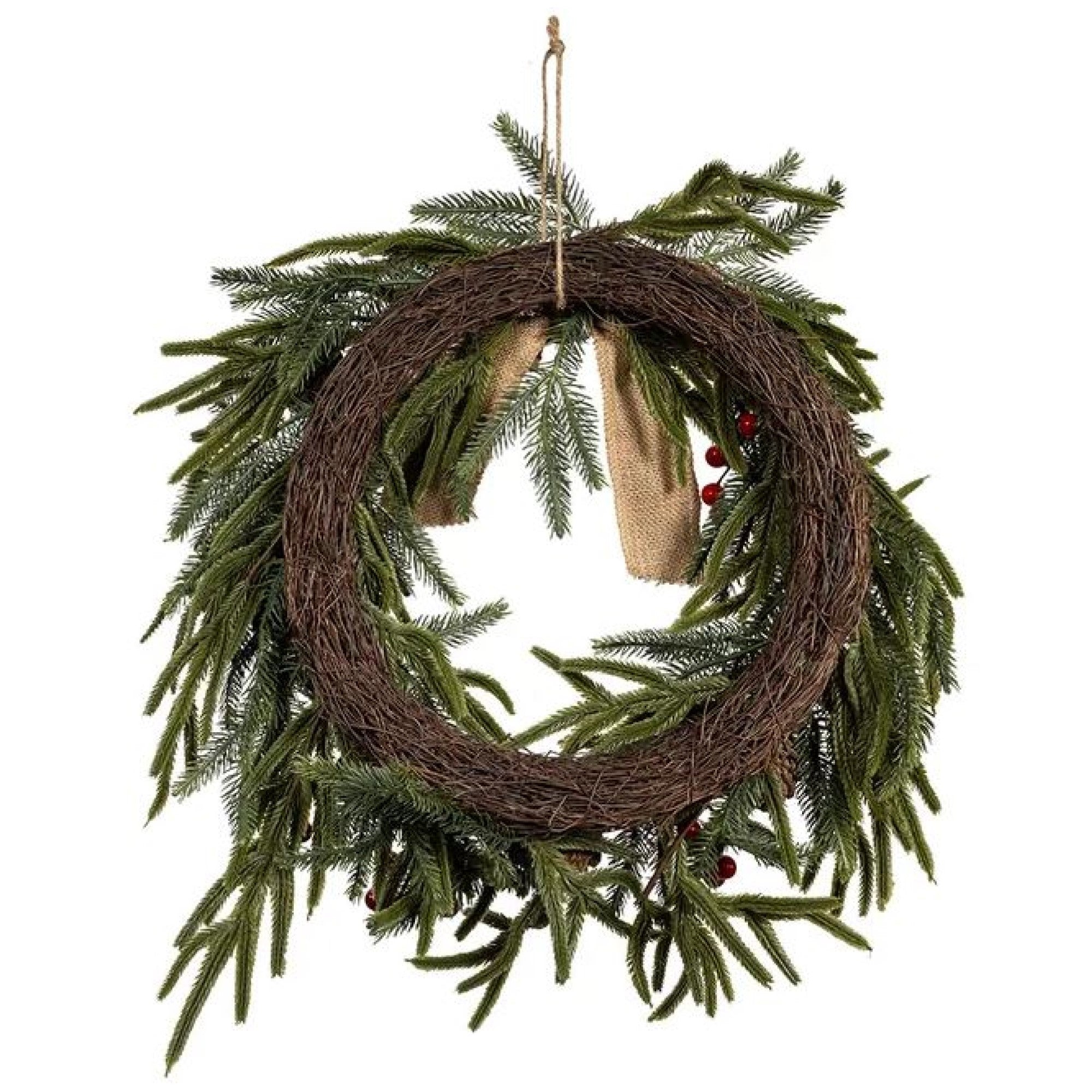 Kurt Adler Unlit Berries & Pinecone Rattan Faux Green Holiday Wreath, 24in