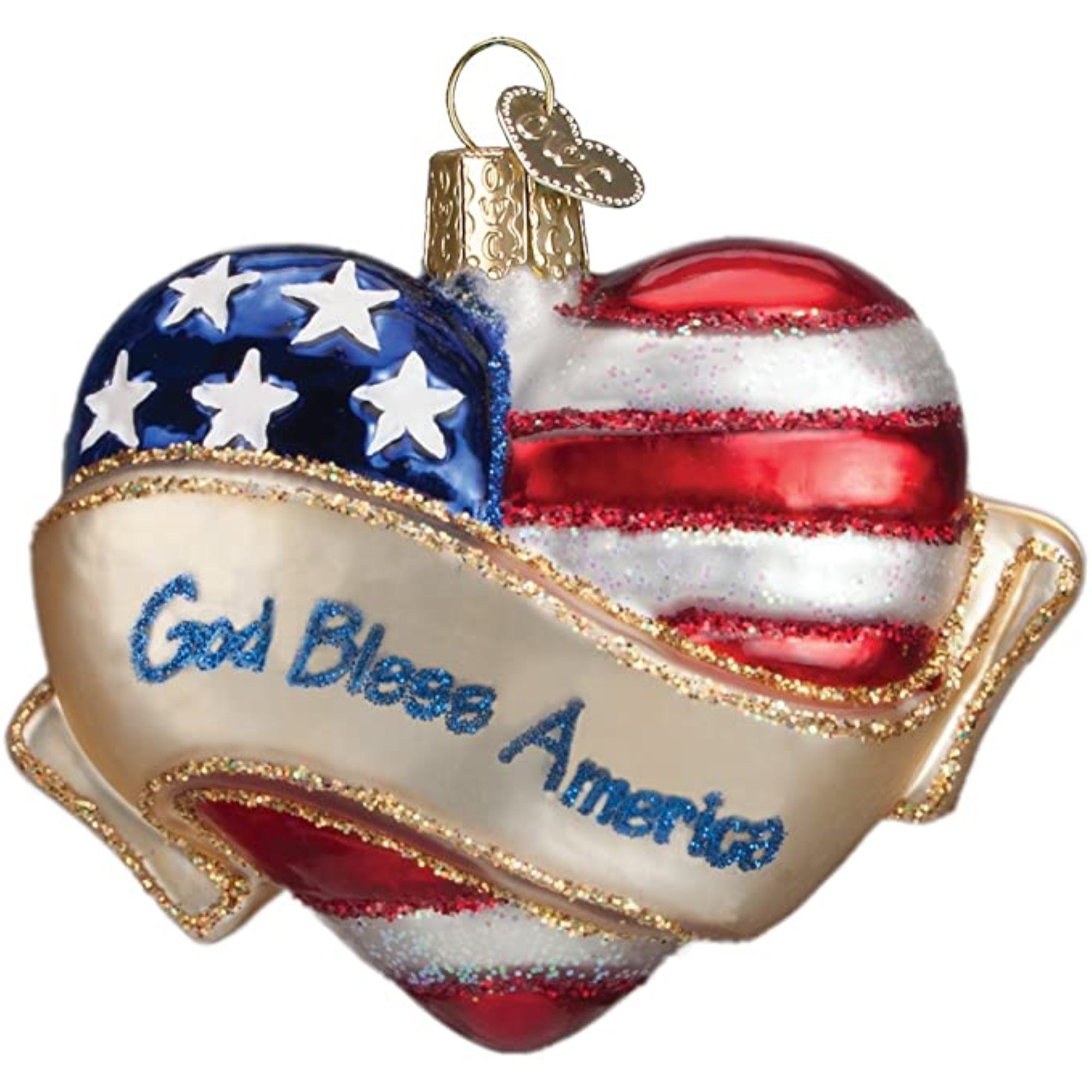 Old World Christmas Blown Glass Ornament for Christmas Tree, God Bless America Heart