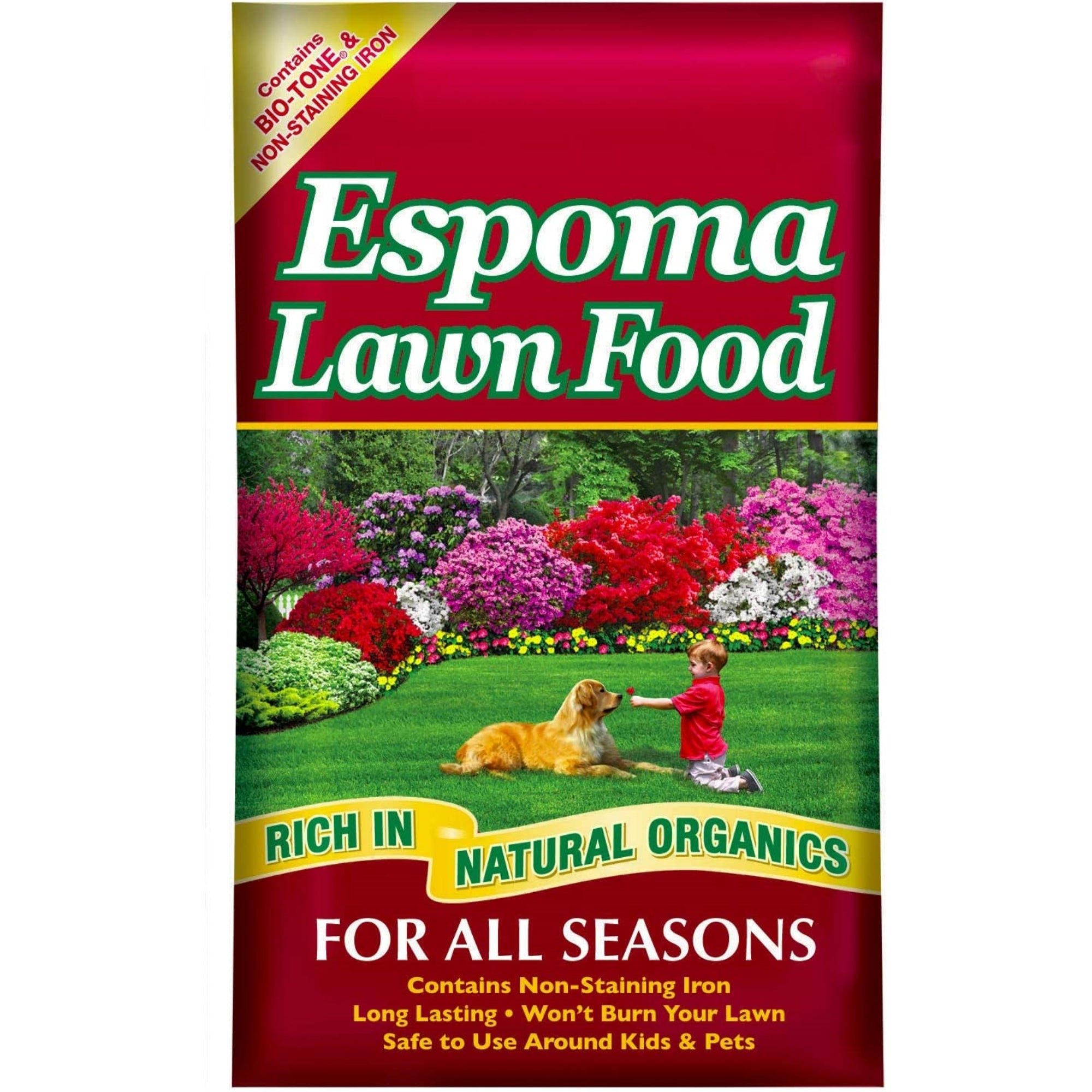 Espoma 15-0-5 Lawn Food, Rich in Natural Organics, for All Seasons, Contains Bio-tone & Non-Staining Iron, Safe to Use Around Kids & Pets
