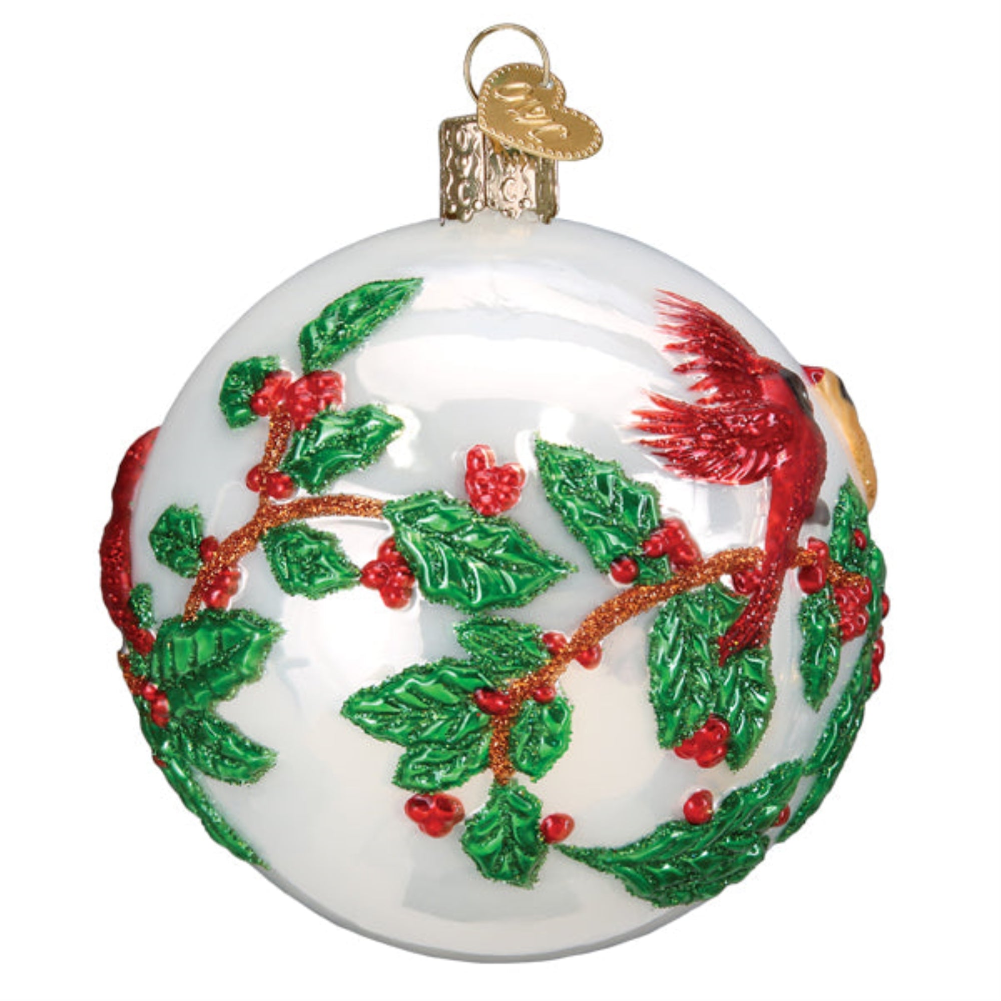 Old World Christmas Hanging Mouth-Blown Glass Ornament for Trees, Hollyberry Birds Round Ball, 3.5"