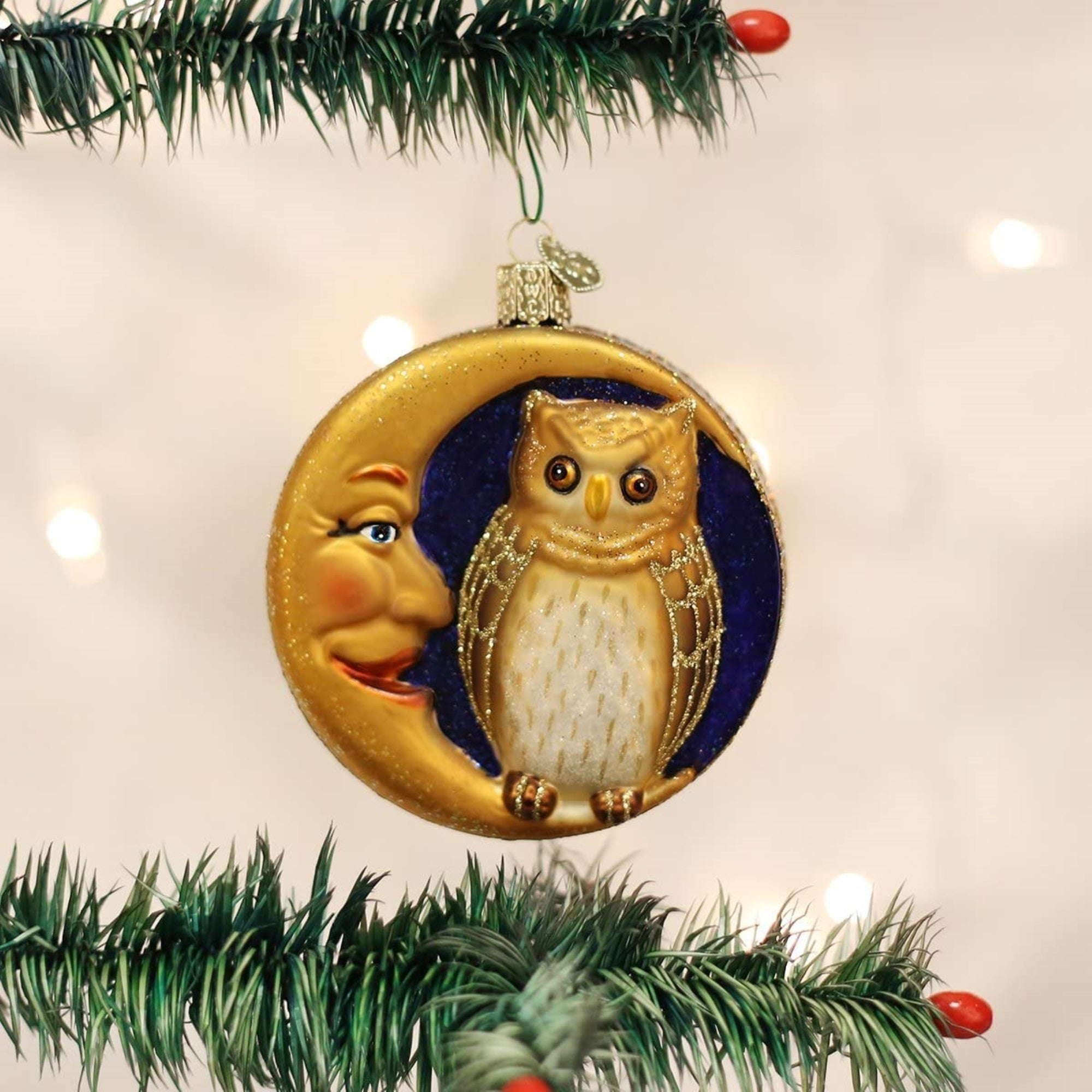 Old World Christmas Glass Blown Ornament Owl in Moon, 3.75"