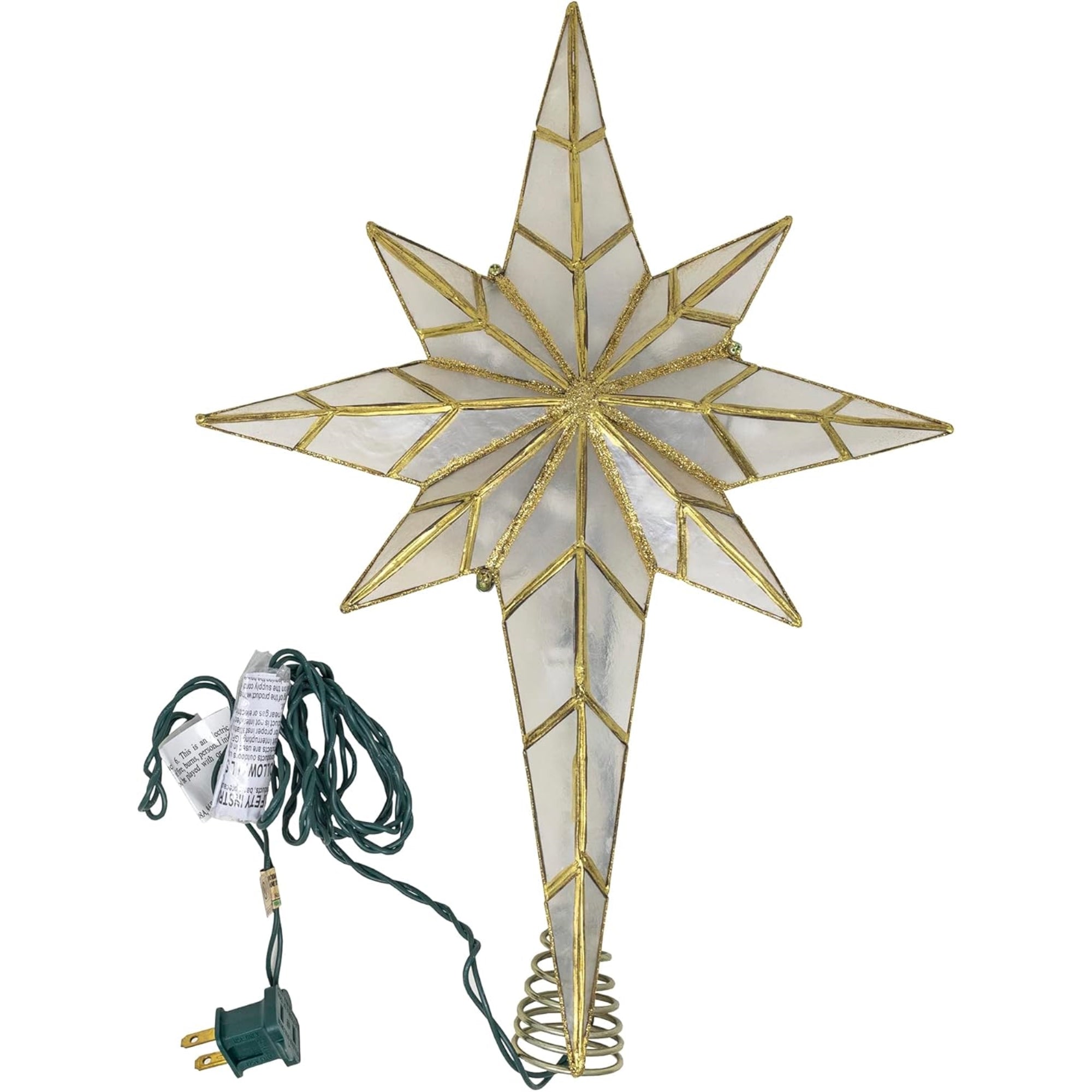 Kurt Adler 10-Light LED Capiz Bethlehem Star Tree Topper, 8-Point, Brass, 16”