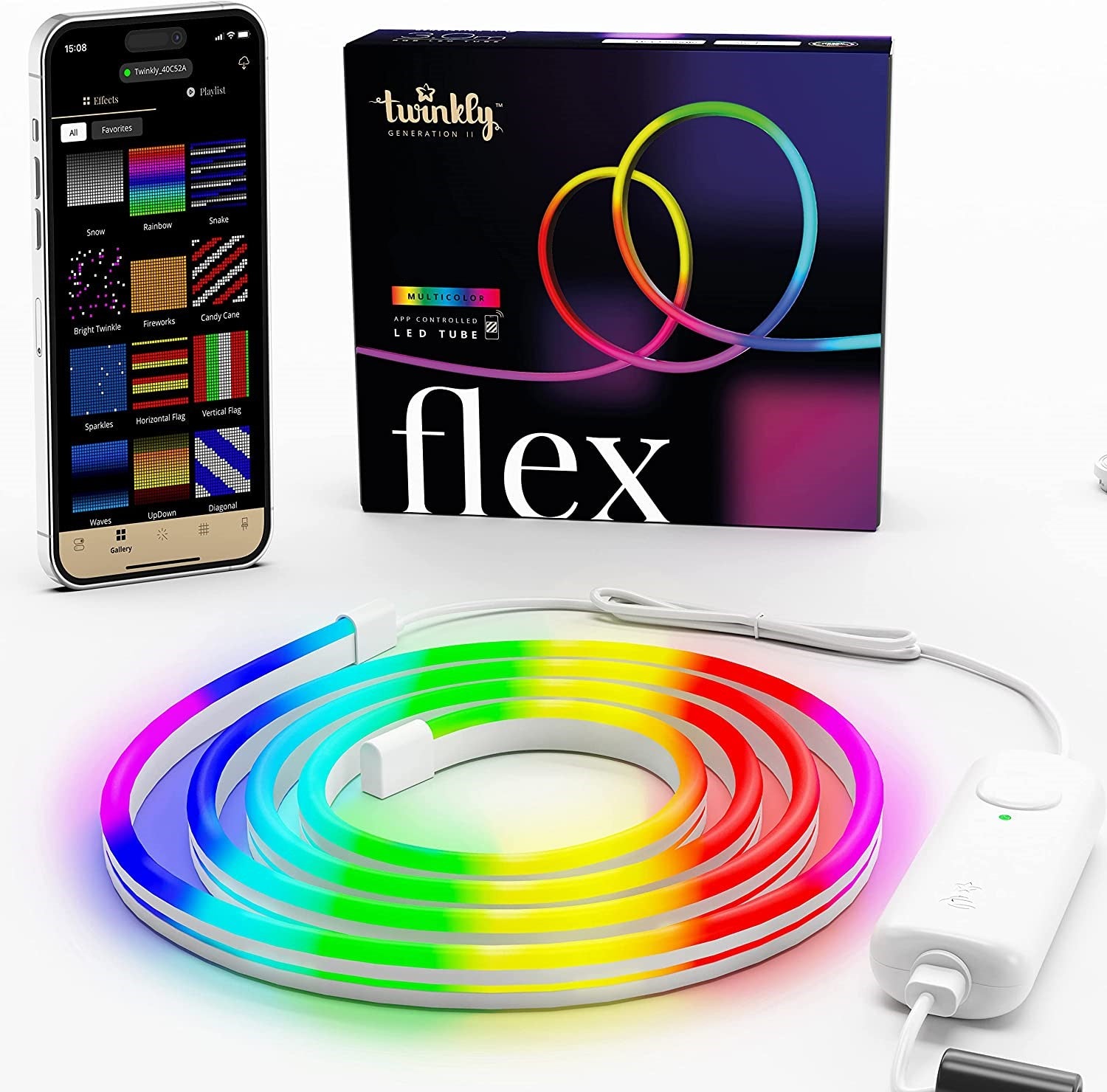 Twinkly Flex App Controlled Flexible White Wire Light Tube Indoor Smart Home Lighting Decoration, Multicolor LED