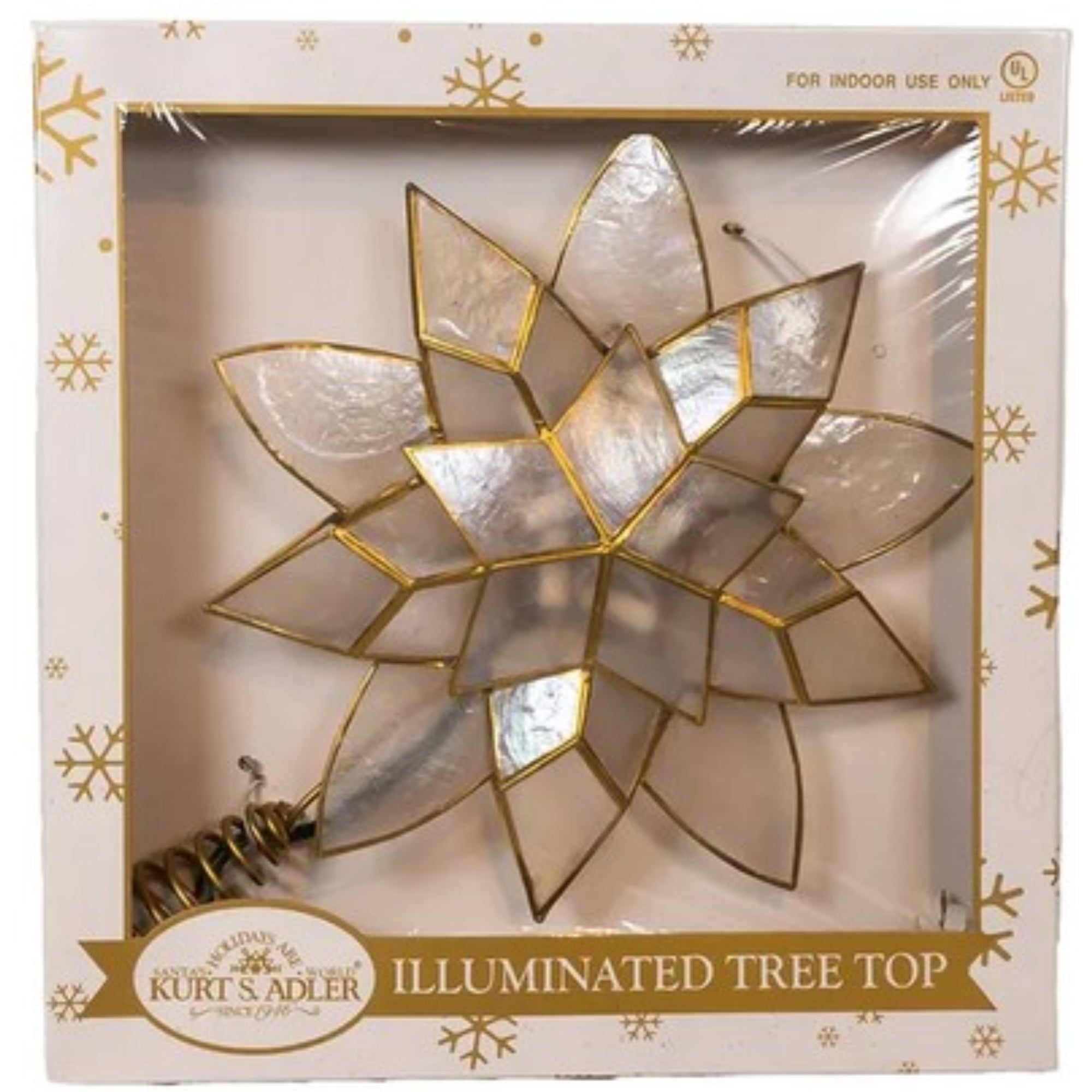 Kurt Adler 5-Point Multi-Layered, Illuminated Capiz Shell Star for Indoor Christmas Treetop, 10 Incandescent Warm White Lights, Gold, 11.75"