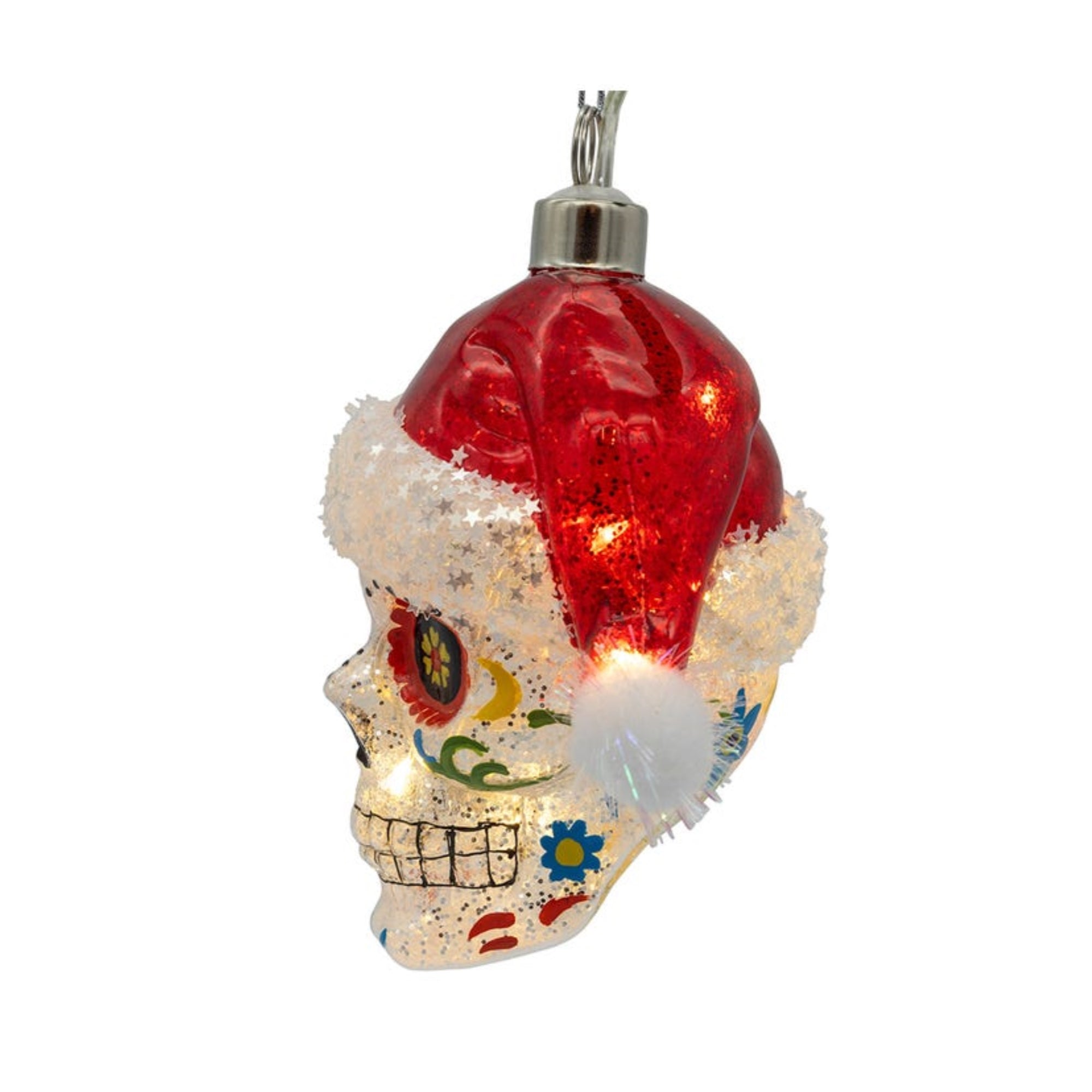 Kurt Adler Pre-lit Hanging Glass Ornament, Warm White LED's, USB-Powered Day of the Dead Skull with Santa Hat