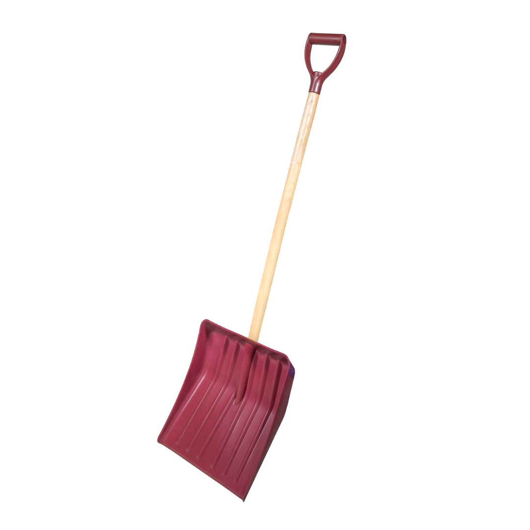 FARM-TUFF Heavy Duty Snow Shovel with Ash Hardwood Handle and Large Non Stick Plastic Blade, Red, 15.5in