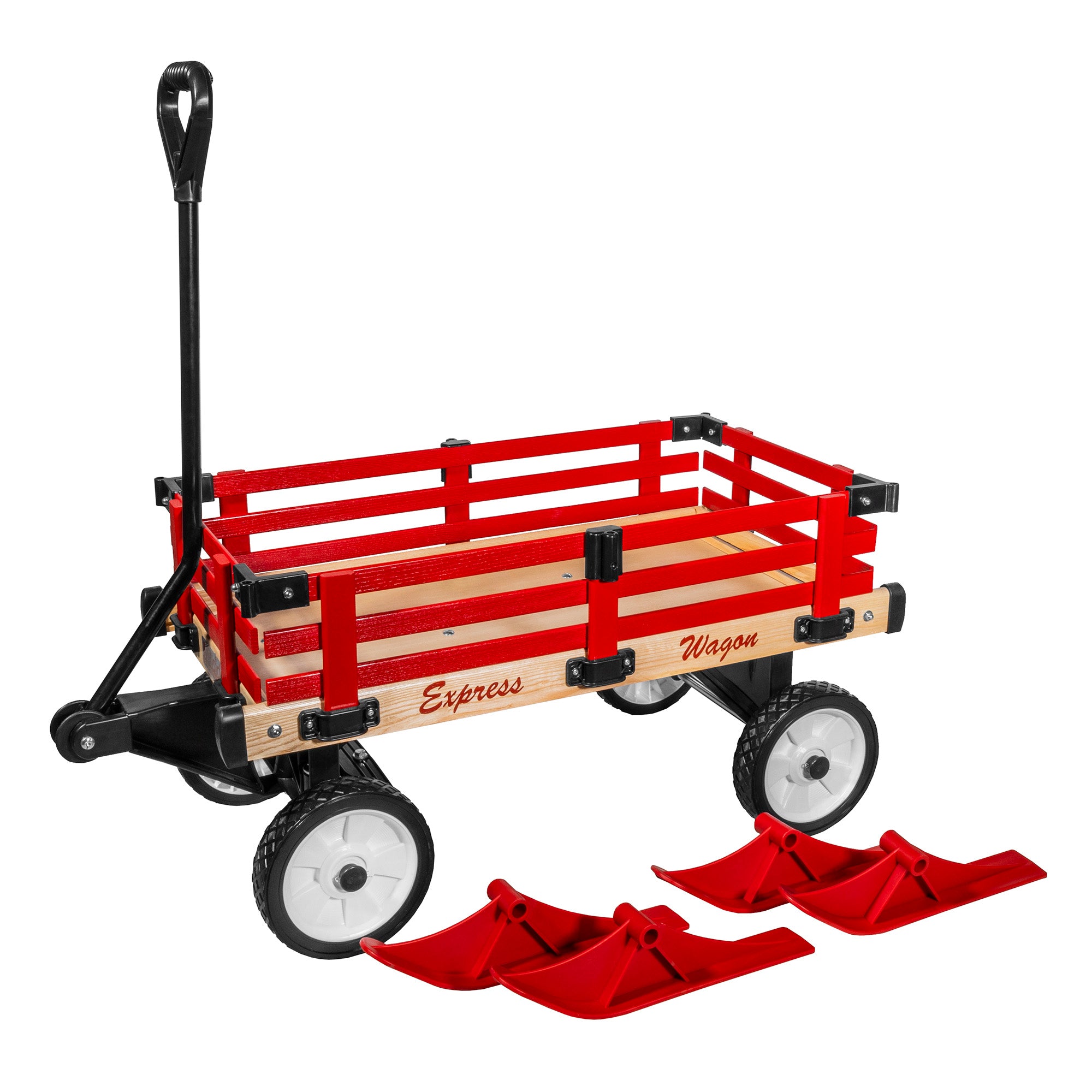 Millside Industries All Season Convertible Wood Wagon Cart with Flat-Free Tires and Sleigh Runners, Red, 16" x 34"