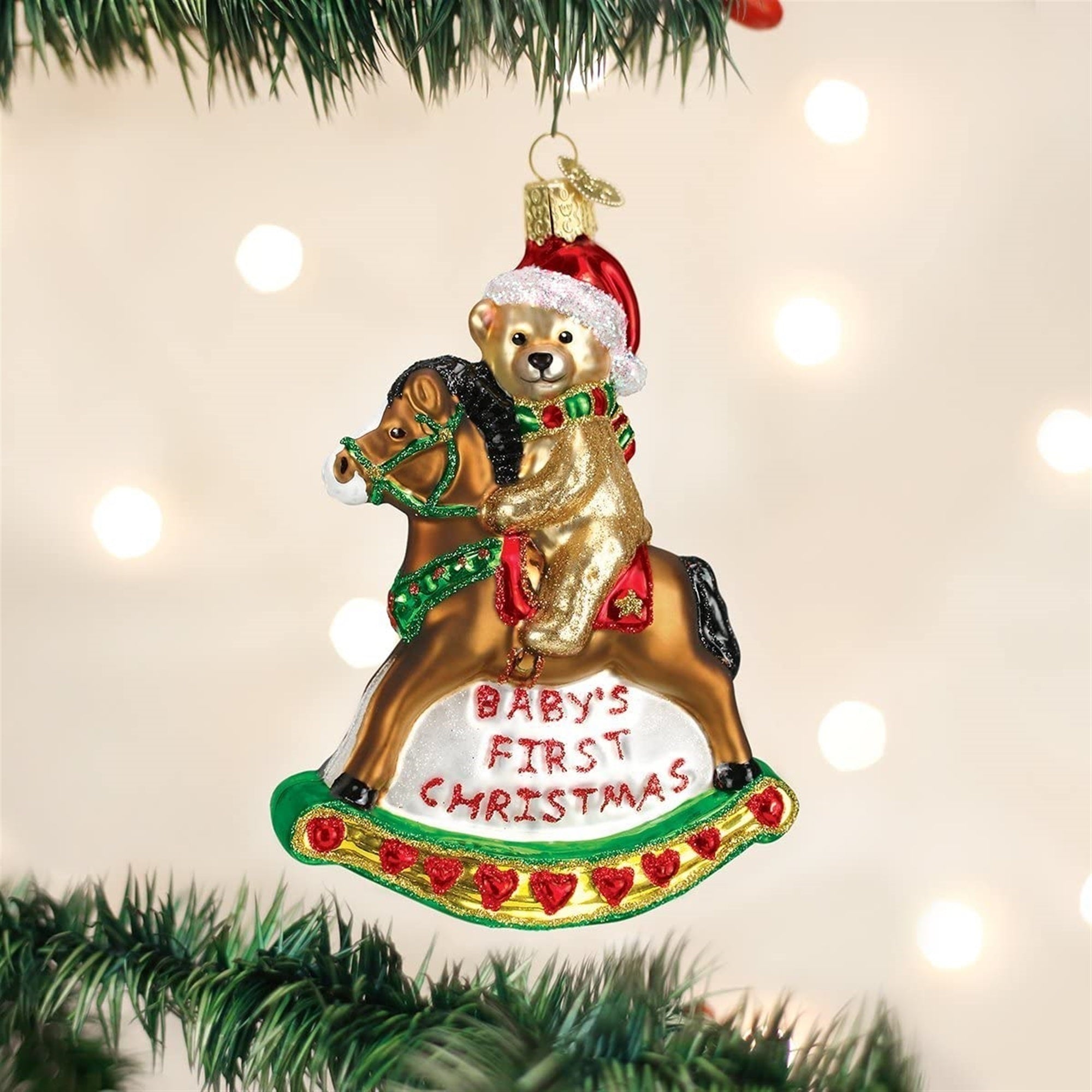 Old World Christmas Blown Glass Ornament for Christmas Tree, Baby's First Christmas Rocking Horse