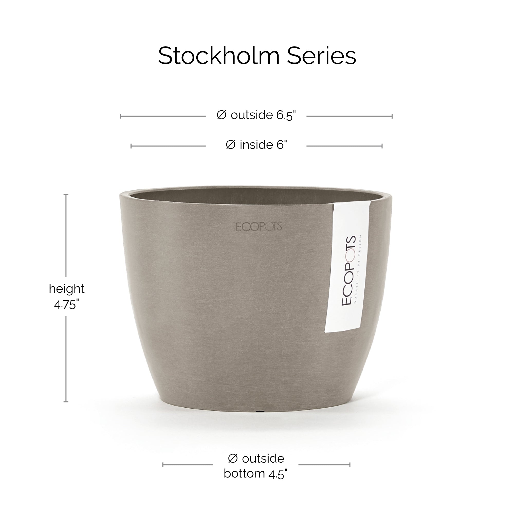 Ecopots Stockholm Mini Durable Modern Round Indoor/Outdoor Recycled-Based Composite Flower Pot Planter, 6"