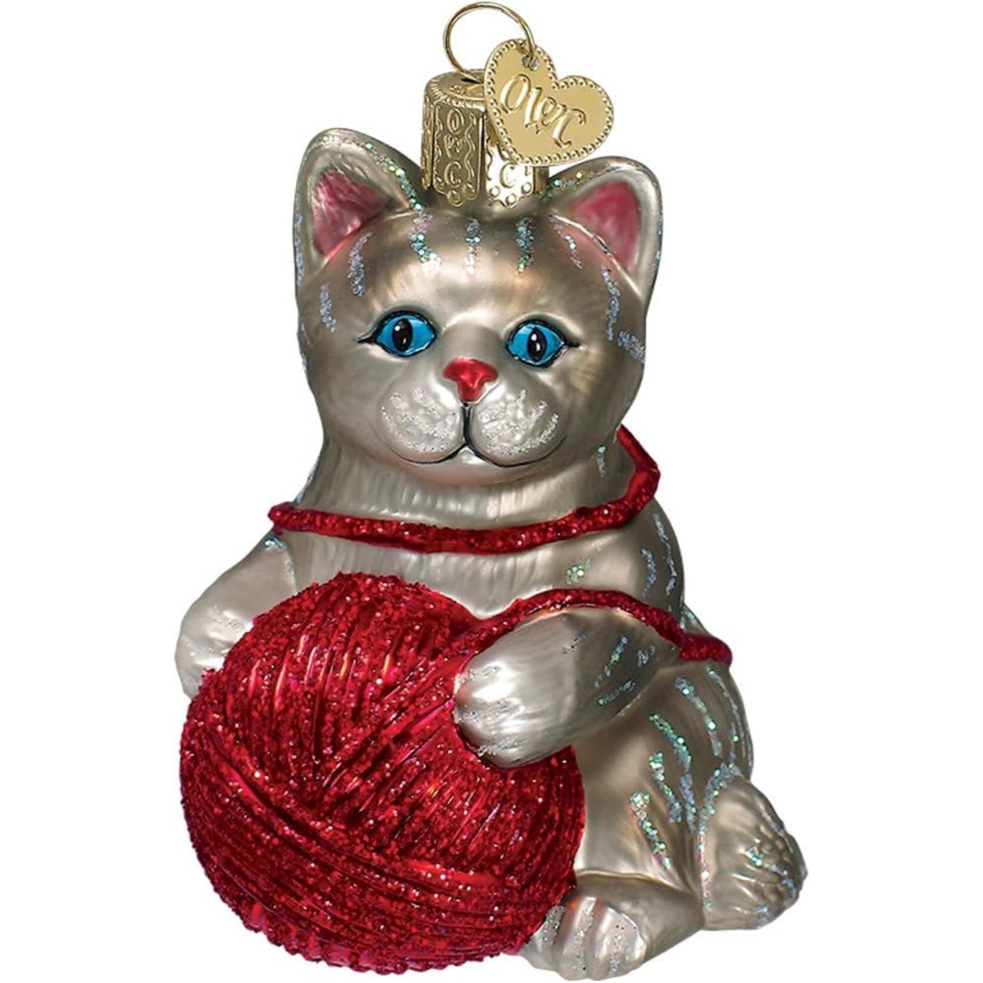 Old World Christmas Blown Glass Ornament for Christmas Tree, Grey/Red Playful Kitten (with OWC Gift Box)