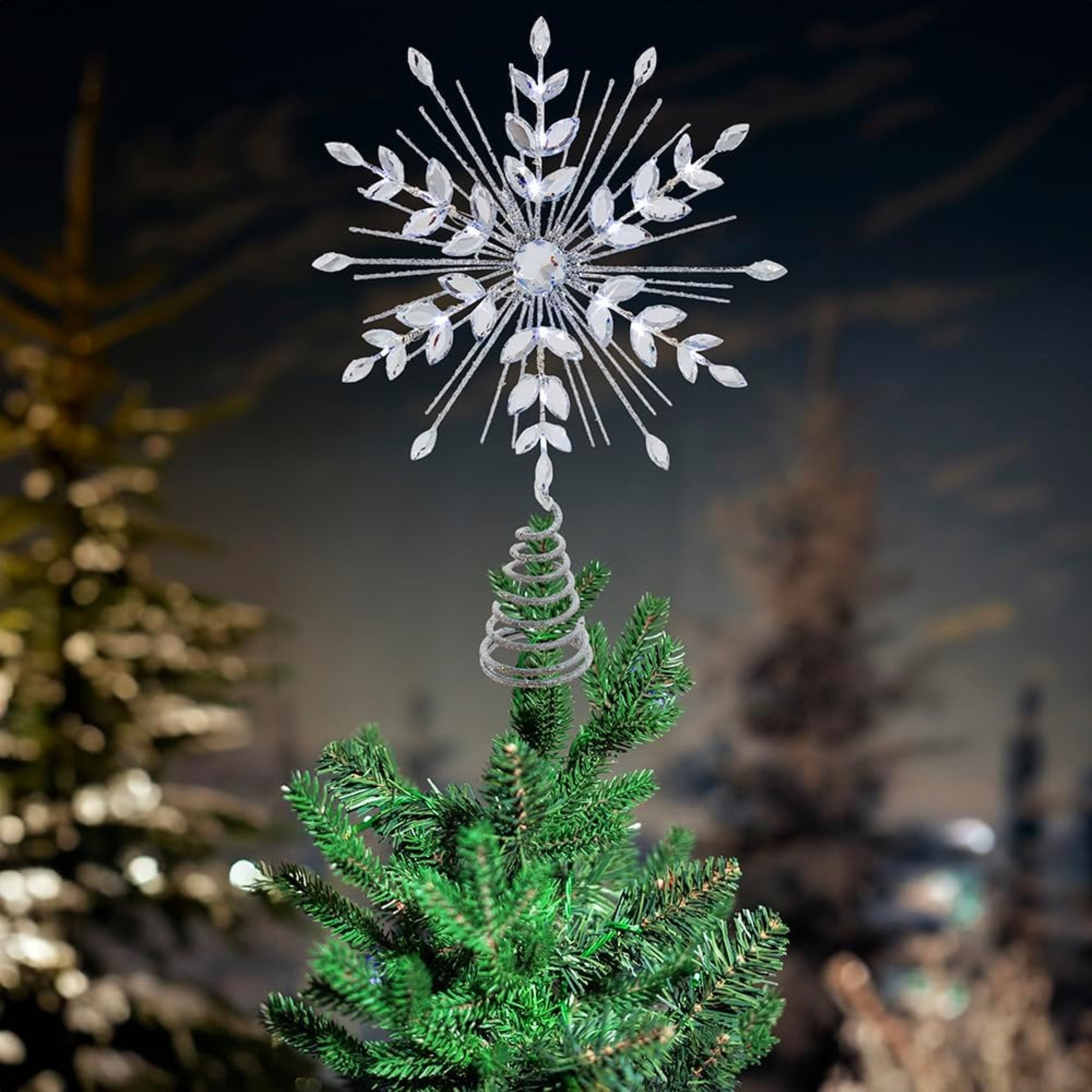 Kurt Adler 18-Light Cool White Micro LED Glitter Snowflake Treetop, Silver, 11.75"