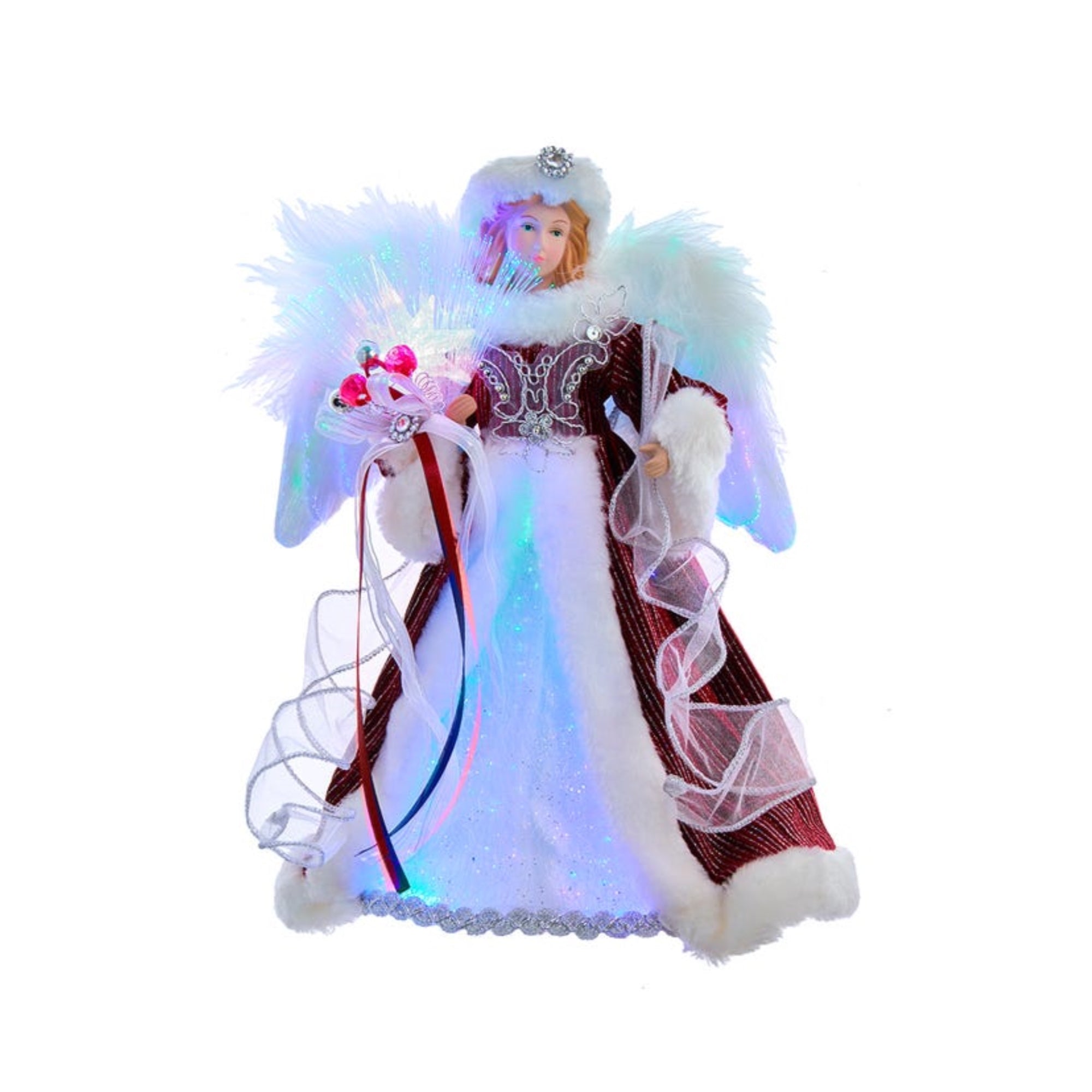 Kurt Adler 7-Light Color Changing Fiber-Optic LED Angel Treetop, Silver and Burgundy, 12"