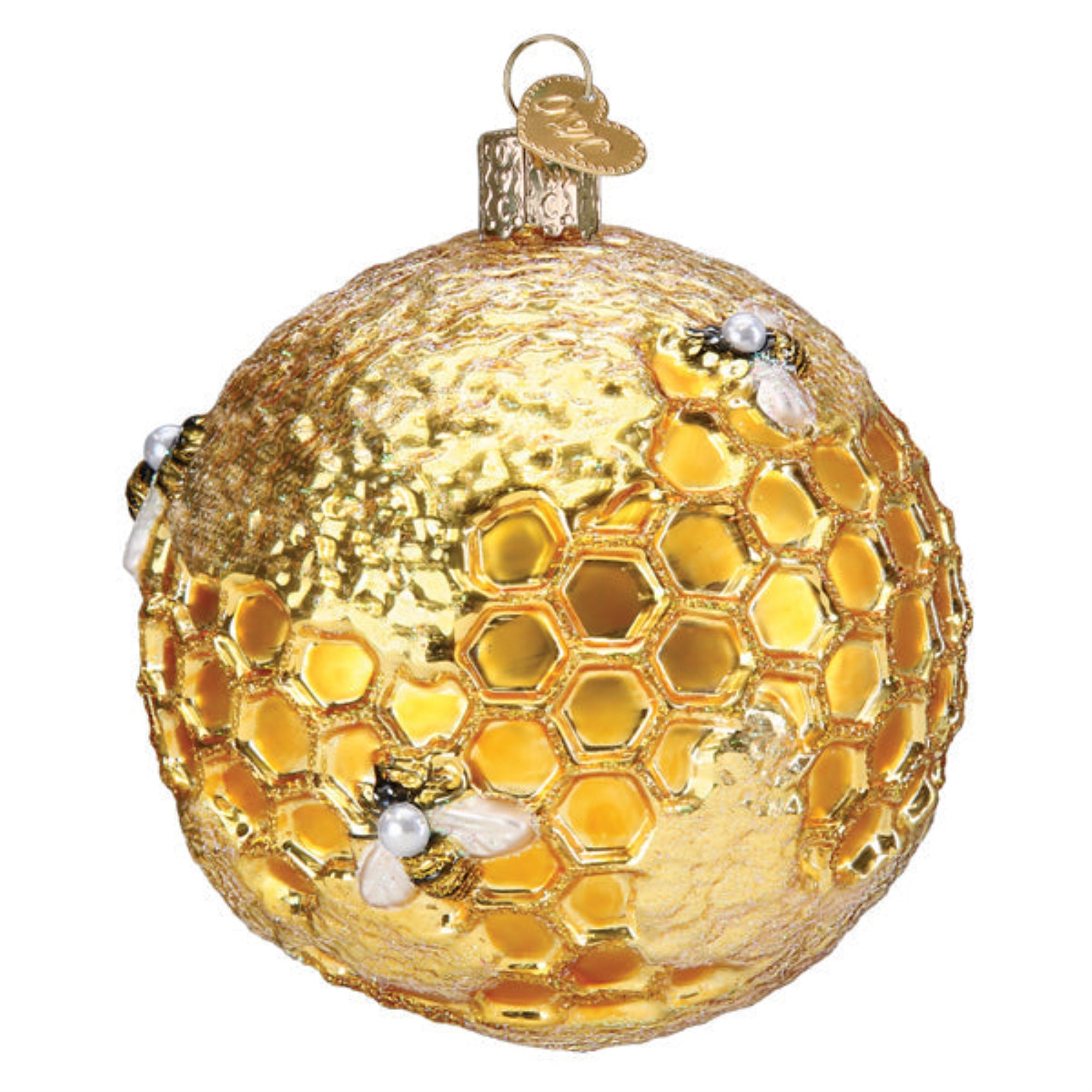 Old World Christmas Hanging Mouth-Blown Glass Ornament for Trees, Bee Blessed Round Ball, 3.5"