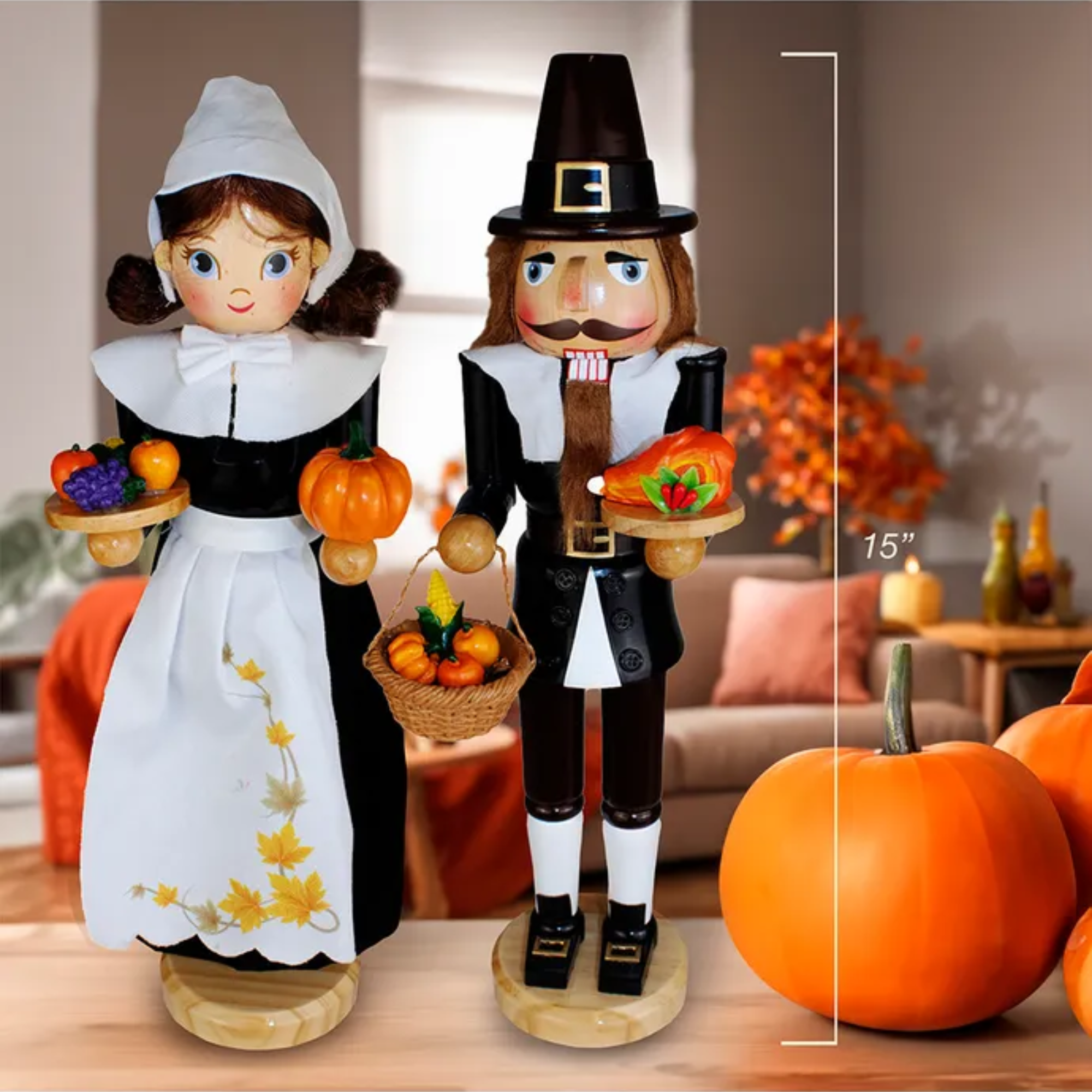 Kurt Adler Man and Women Pilgrim Wooden Nutcrackers, 2-Piece Set