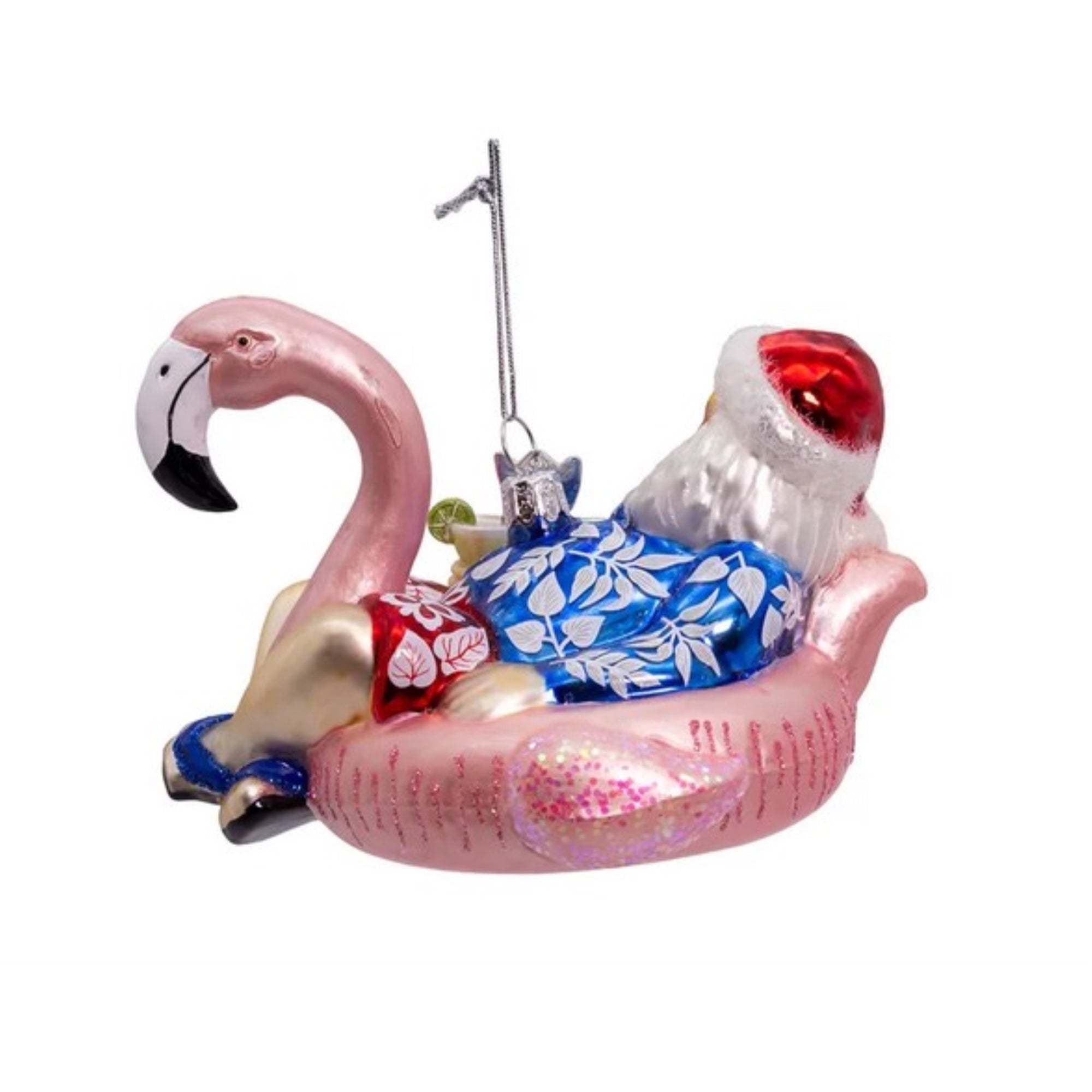 Kurt Adler Nobel Gems Glass Christmas Ornament, Santa in Flamingo Pool Float