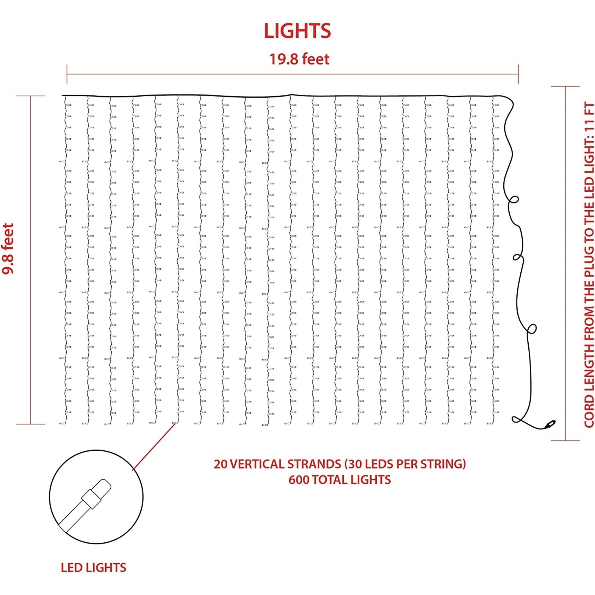 ProductWorks Indoor/Outdoor LED String Light Curtain with 8-Function Controller, 600 LED-Micro Bulbs on Clear Wire, Warm White, 20ft x 10ft