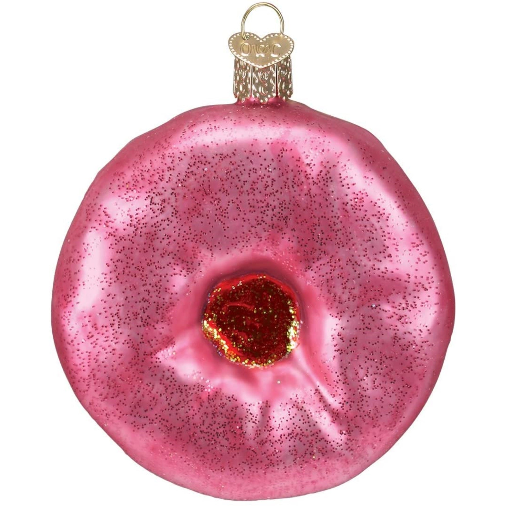 Old World Christmas Blown Glass Ornament for Christmas Tree, Pink Frosted Donut