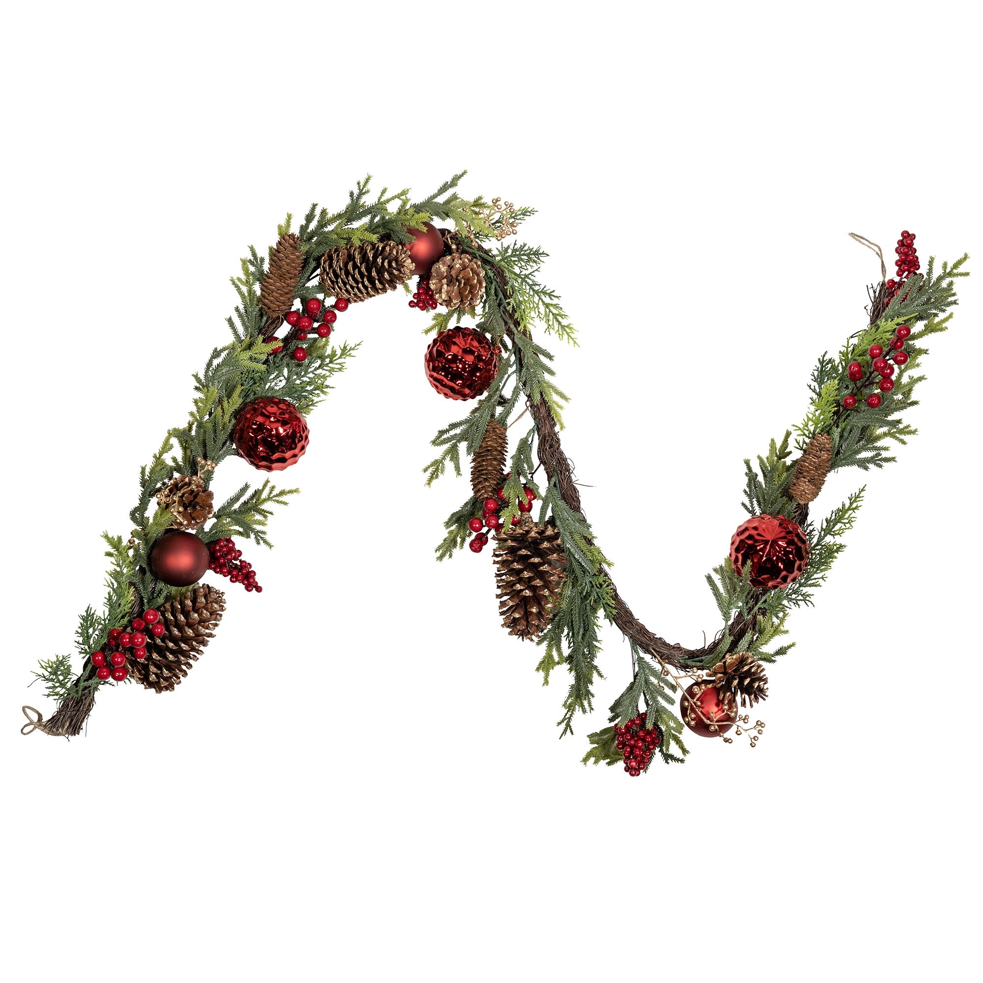 Kurt Adler Rattan Christmas Artificial Garland With Red Ornaments, 6ft