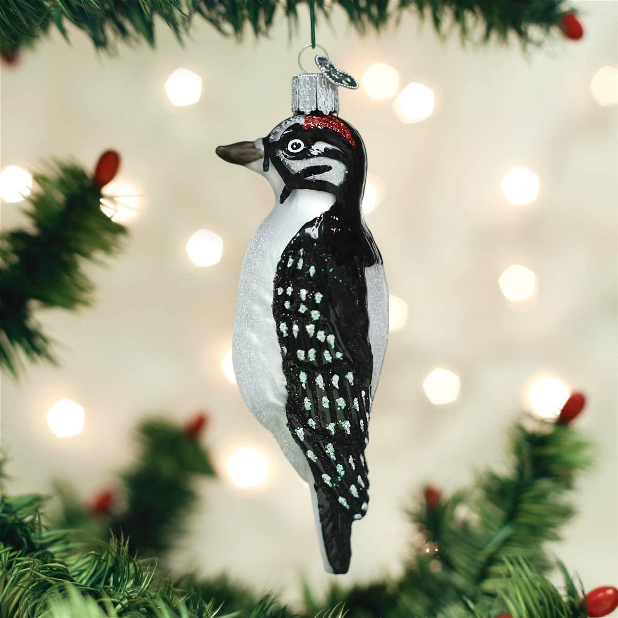 Old World Christmas Blown Glass Ornament for Christmas Tree, Hairy Woodpecker