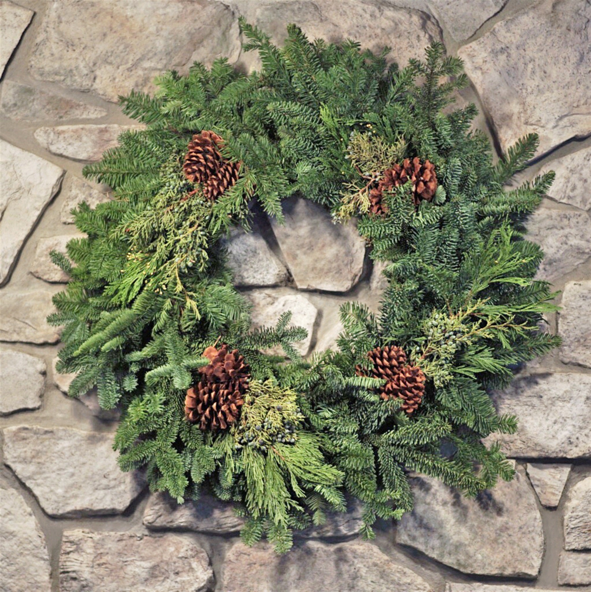 Garden Elements Fresh Holiday Christmas Noble Mixed Greens and Cones Wreath, 30"