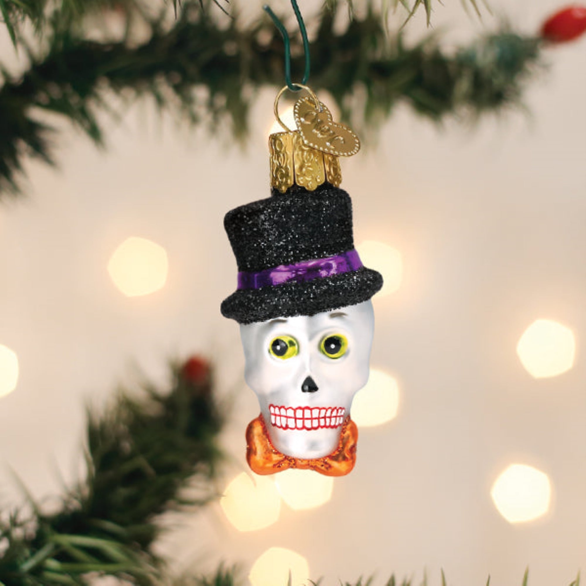 Old World Christmas Blown Glass Hanging Ornament for Halloween, Mini Top Hat Skeleton (with OWC Gift Box)