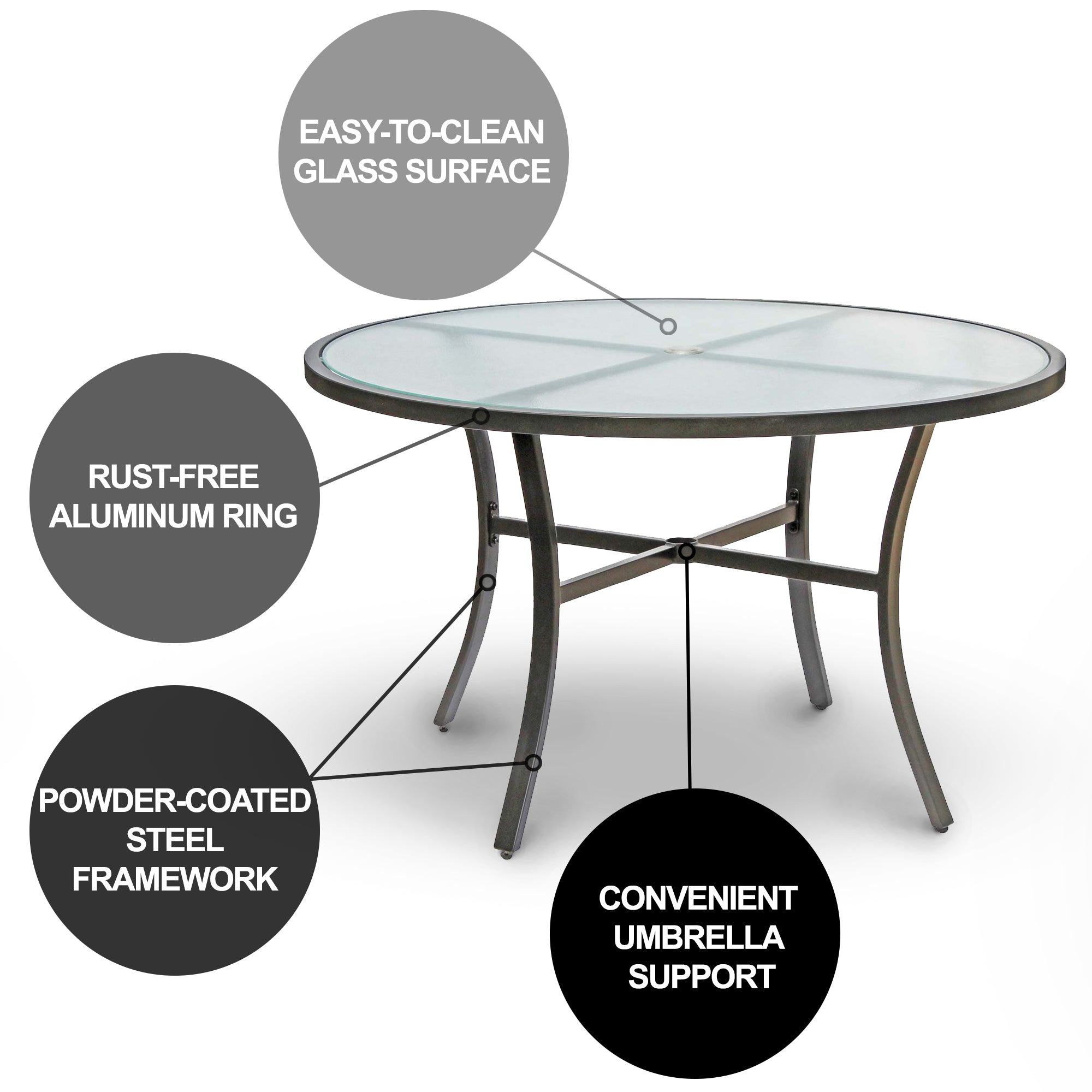 Garden Elements Bellevue Outdoor Patio Dining Table, Round Aluminum Base and Rim with Tempered Glass Top, Dark Taupe 40"