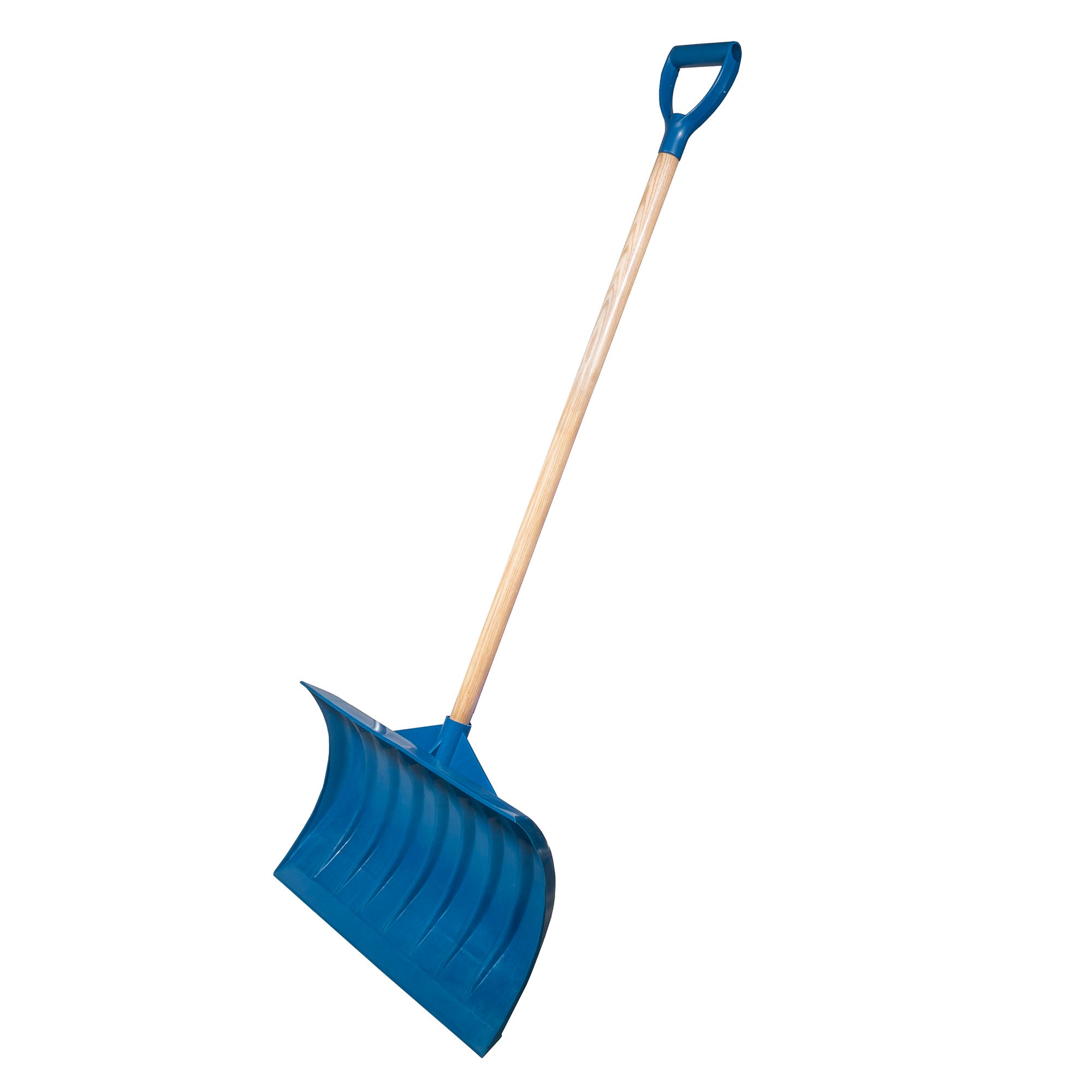 FARM-TUFF Durable Snow Shovel Pusher with Ash Hardwood Handle and Large Non Stick Plastic Blade, Blue, 21.8in