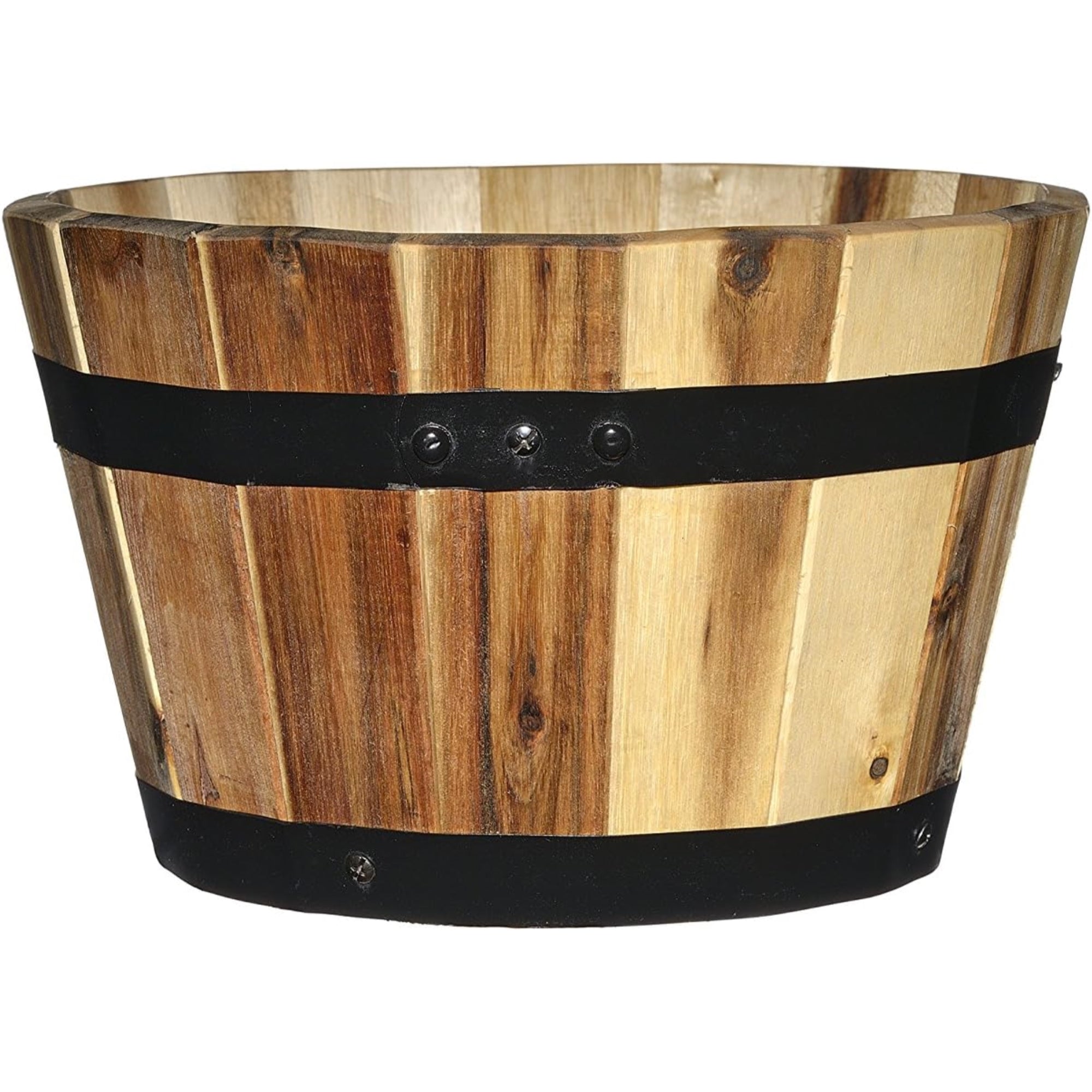 Classic Home and Garden Acacia Wood Whiskey Barrel Planters with Black Metal Band, Assorted Sizes (Set of 3)