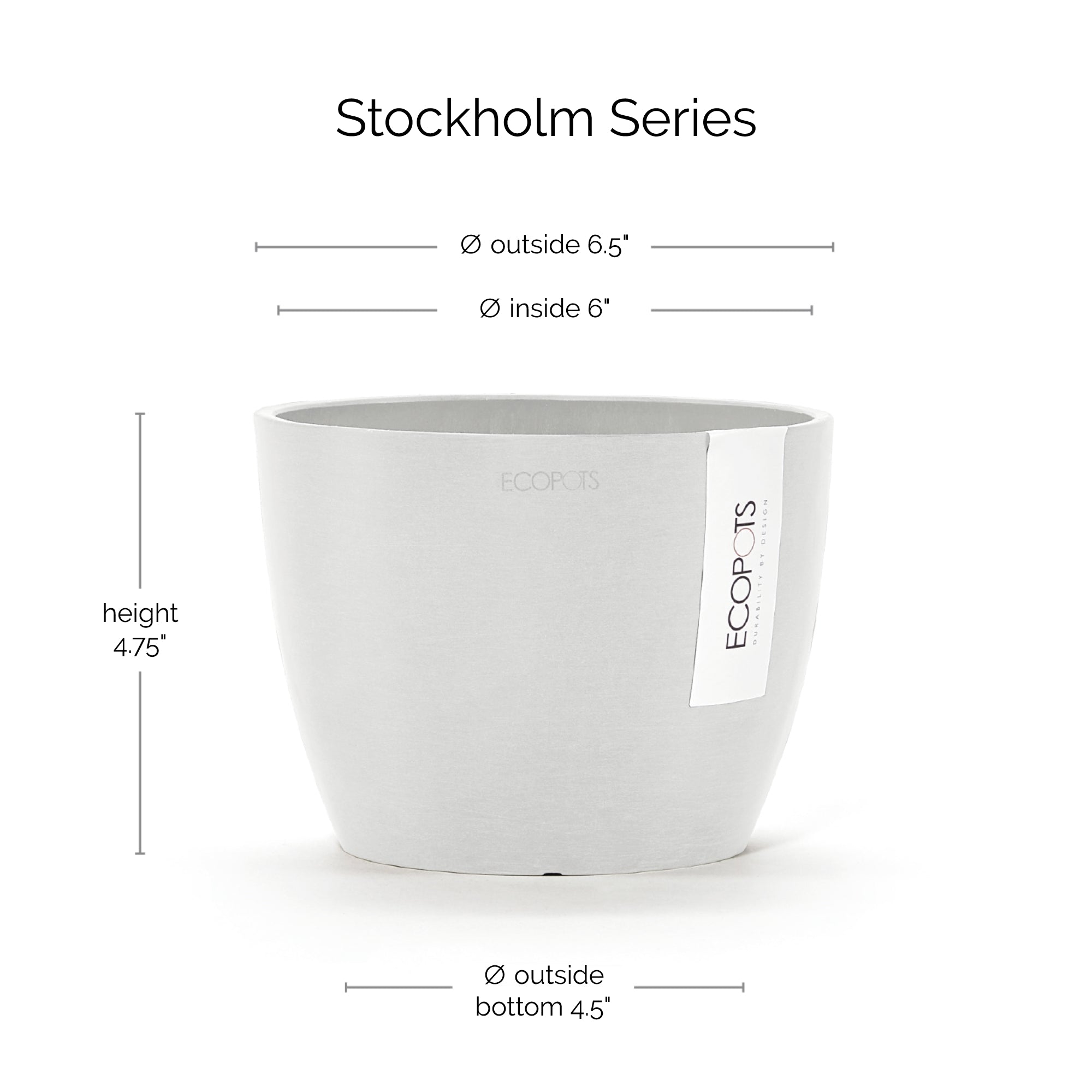 Ecopots Stockholm Mini Durable Modern Round Indoor/Outdoor Recycled-Based Composite Flower Pot Planter, 6"