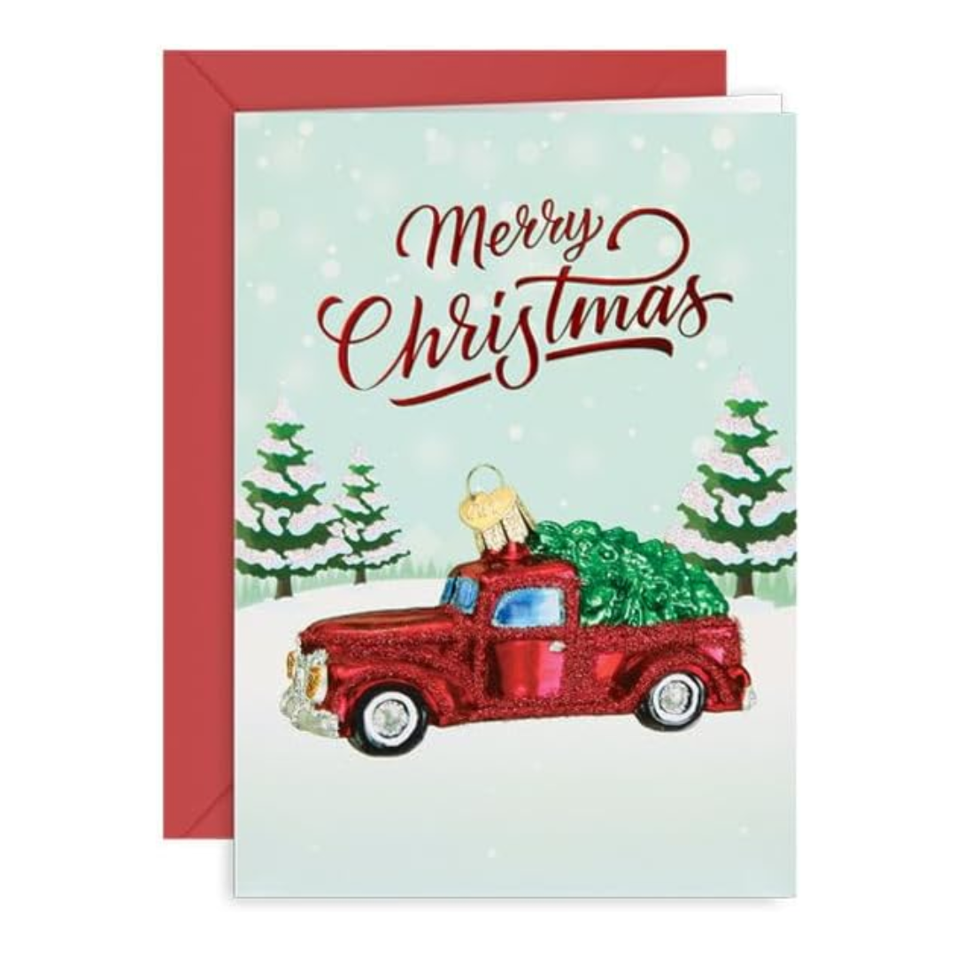 Old World Christmas Ornament Christmas Card, Red Truck, 7 x 5in