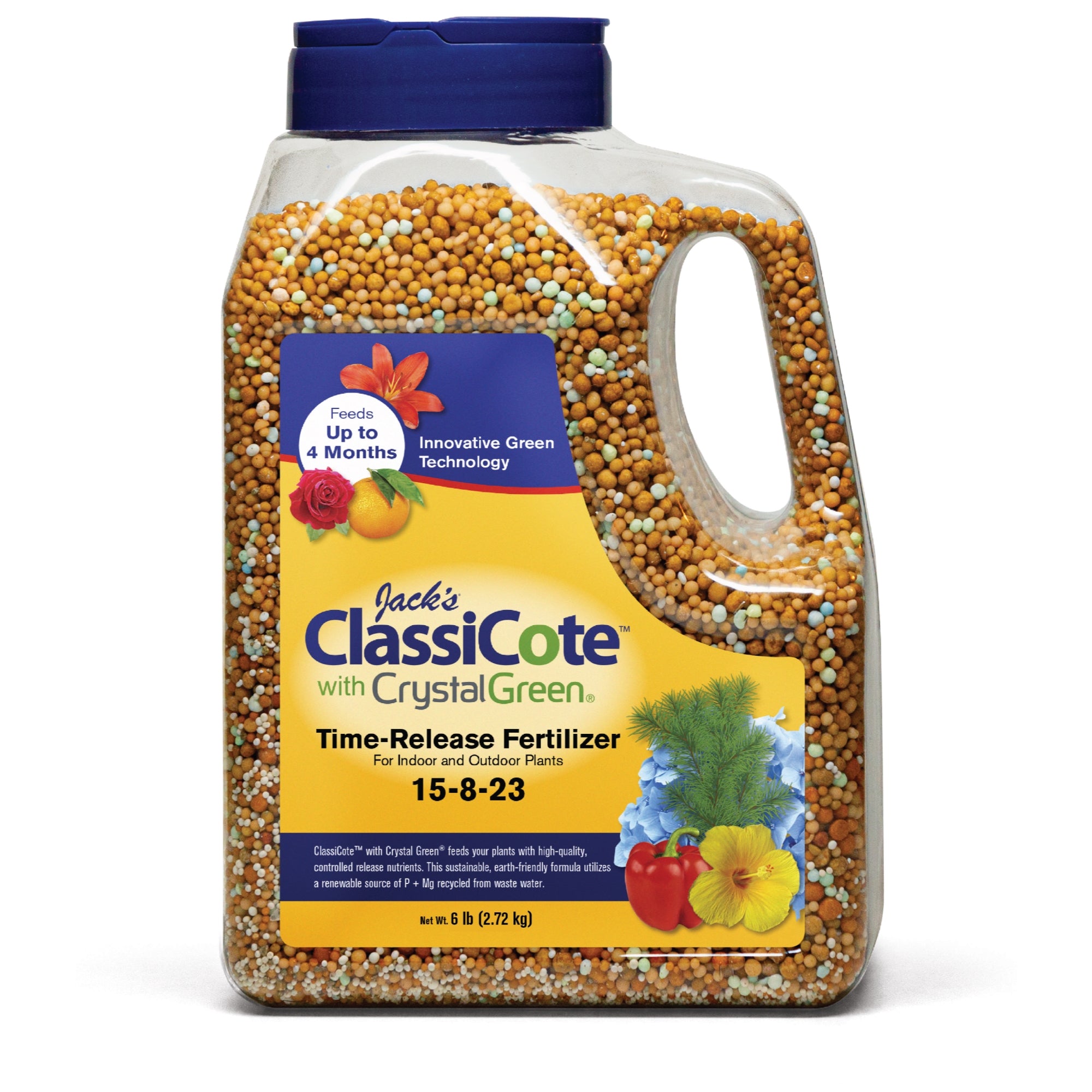 Jack's ClassiCote with Crystal Green, 15-8-23 Time-Release Fertilizer for Indoor and Outdoor Plants, 6lbs