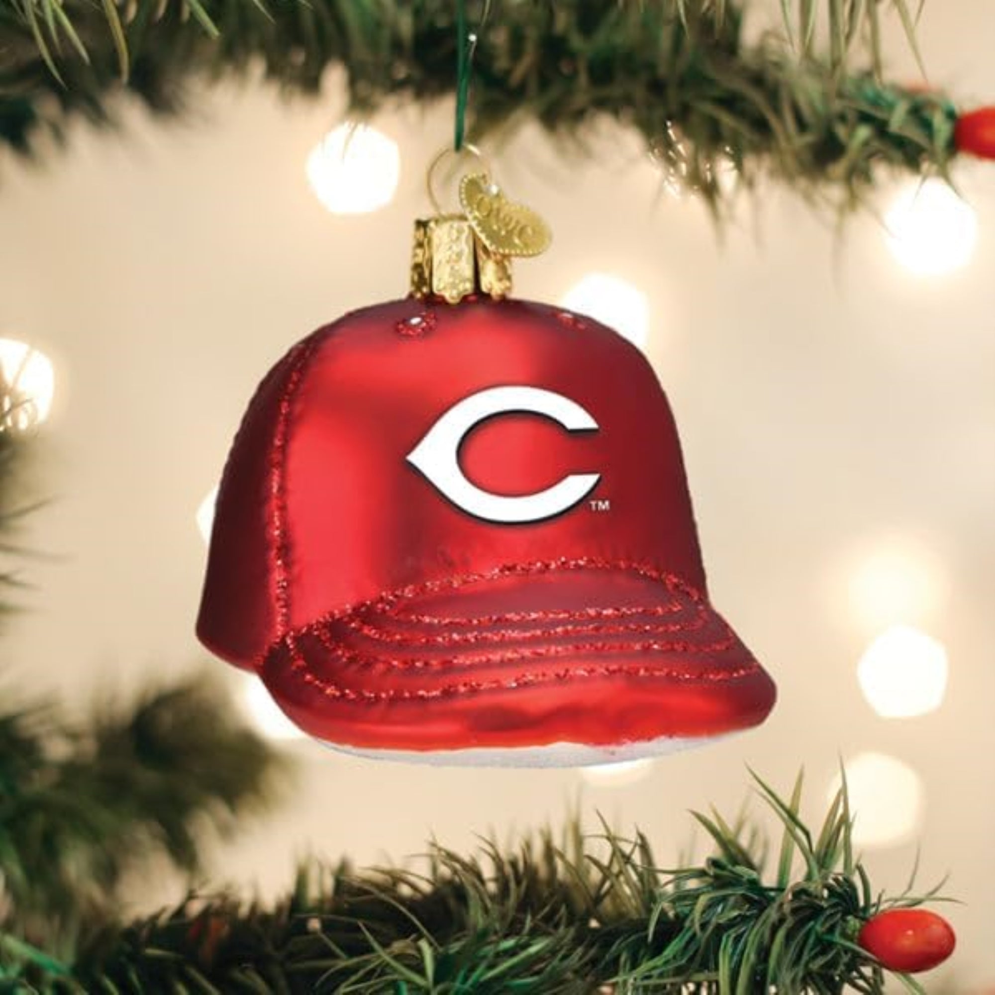 Old World Christmas Blown Glass Ornament for Christmas Tree, Cincinnati Reds Baseball Cap (with OWC Gift Box)