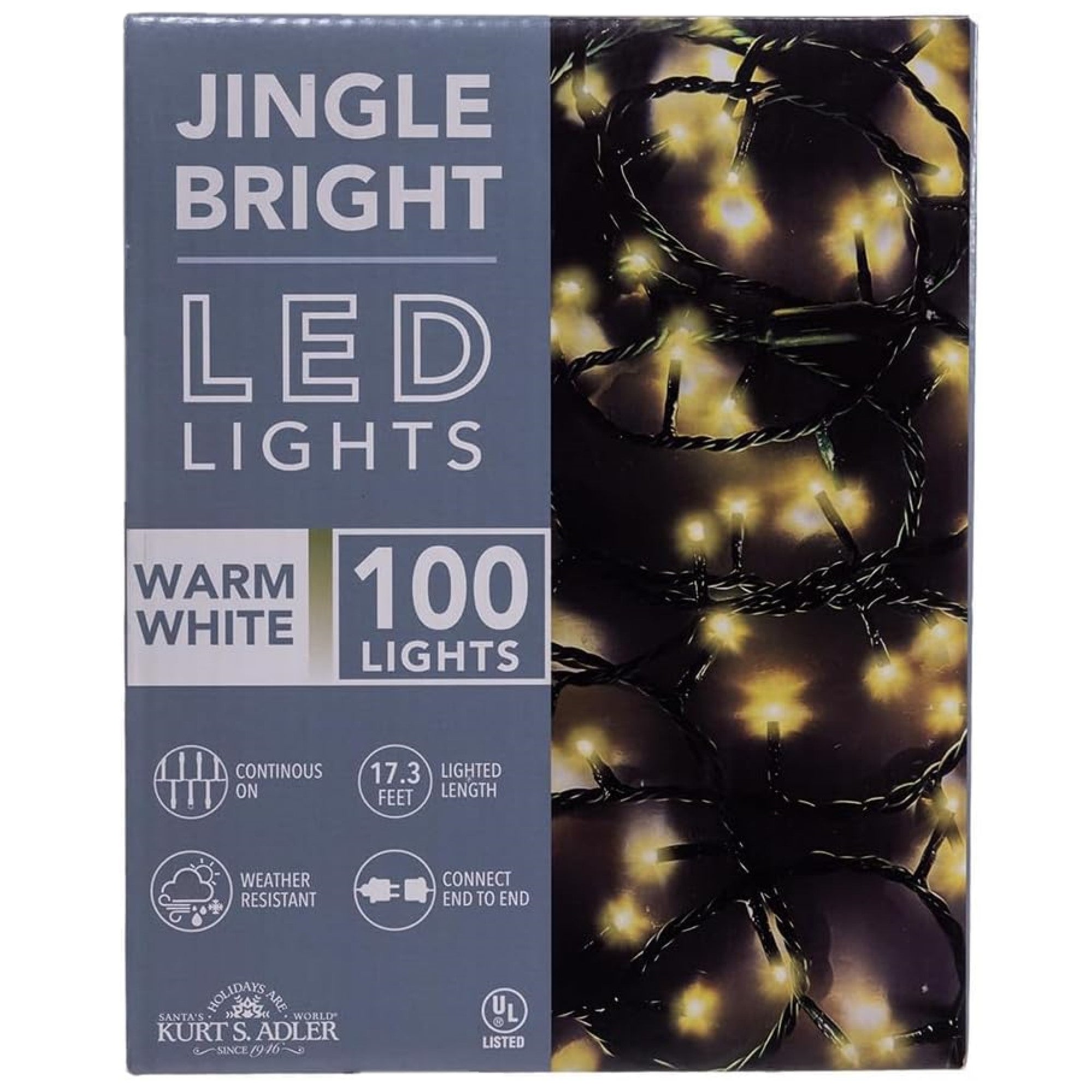 Kurt Adler Indoor/Outdoor Jingle Bright LED Light Set, 100 LED Lights on Green Wire, Warm White, 17ft