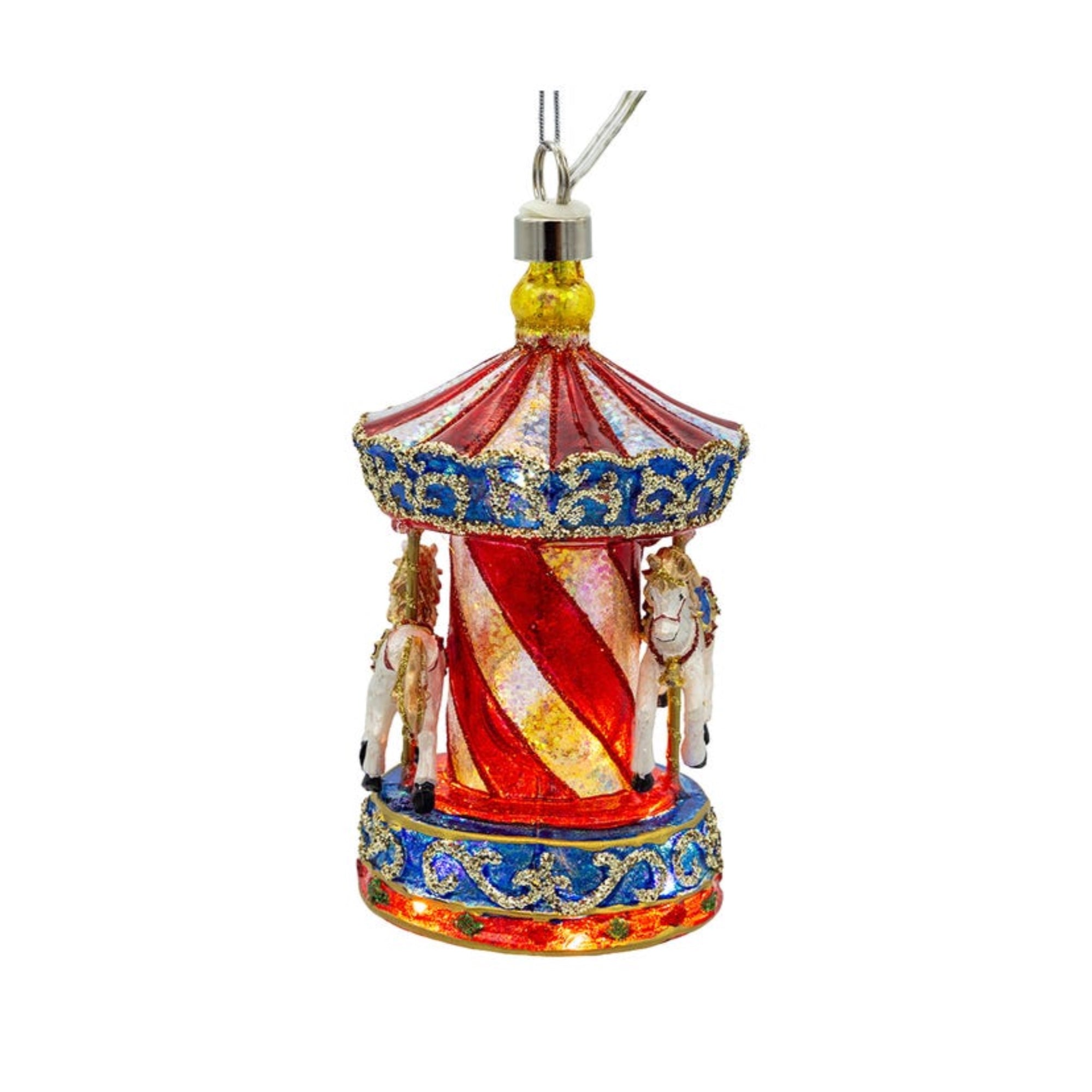 Kurt Adler Pre-lit Hanging Glass Ornament, Warm White LED's, USB-Powered Carousel