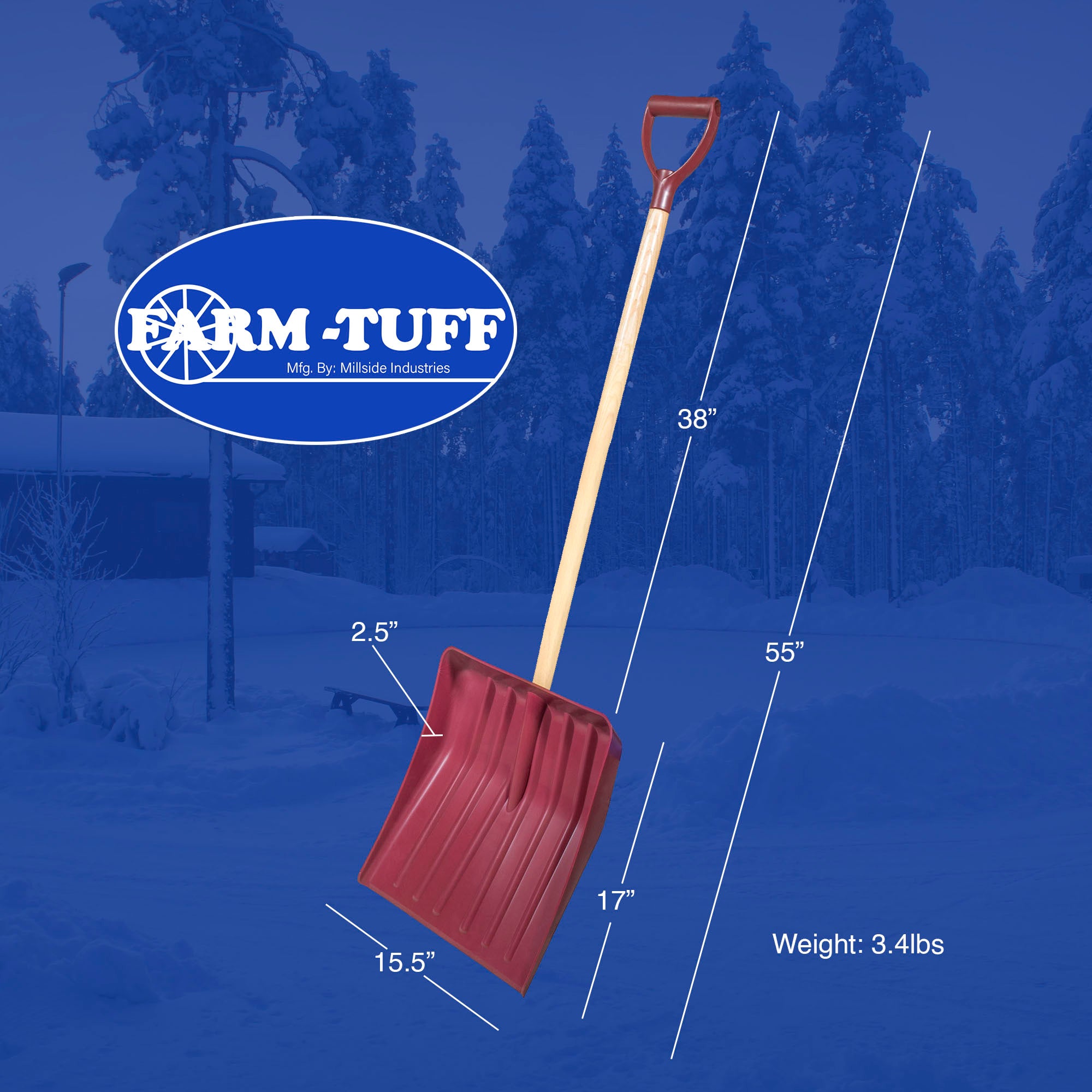 FARM-TUFF Heavy Duty Snow Shovel with Ash Hardwood Handle and Large Non Stick Plastic Blade, Red, 15.5in