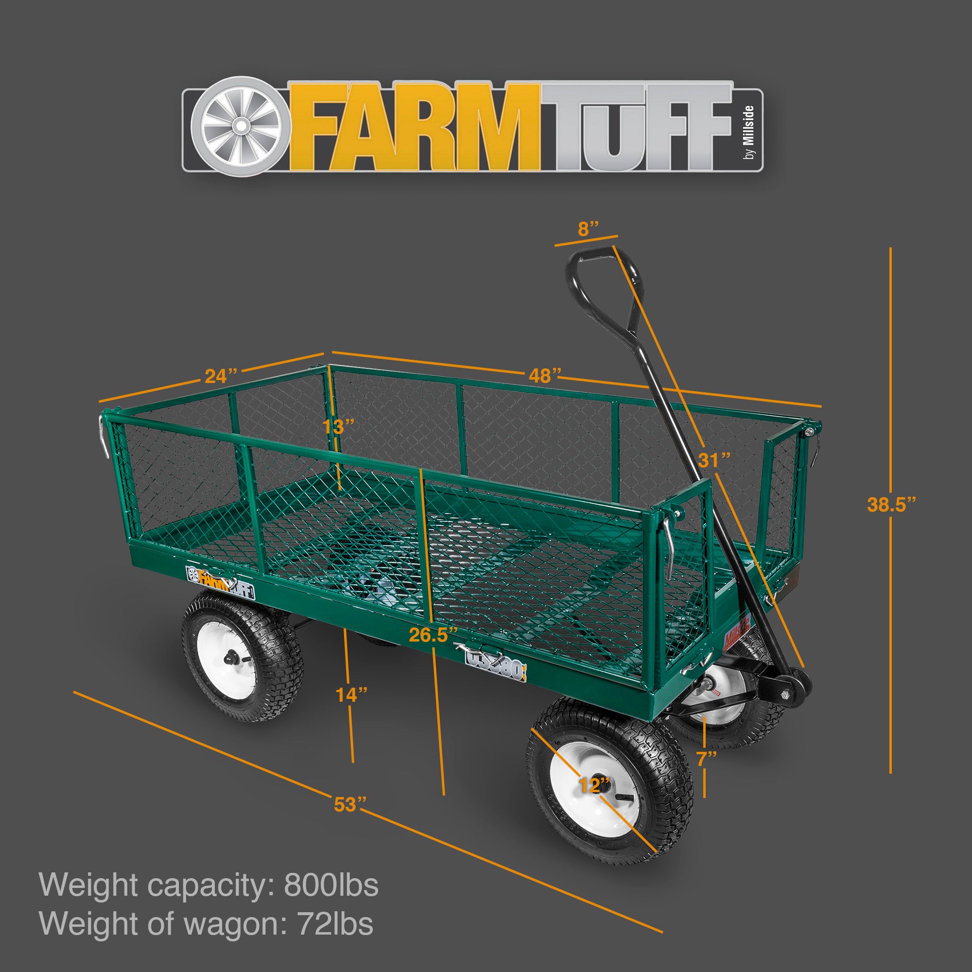 Farm Tuff Durable Metal Deck Garden Wagon Utility Cart with Pneumatic Tires and Fold Down Side Panels for Outdoor Hauling, Green, 24" x 48"