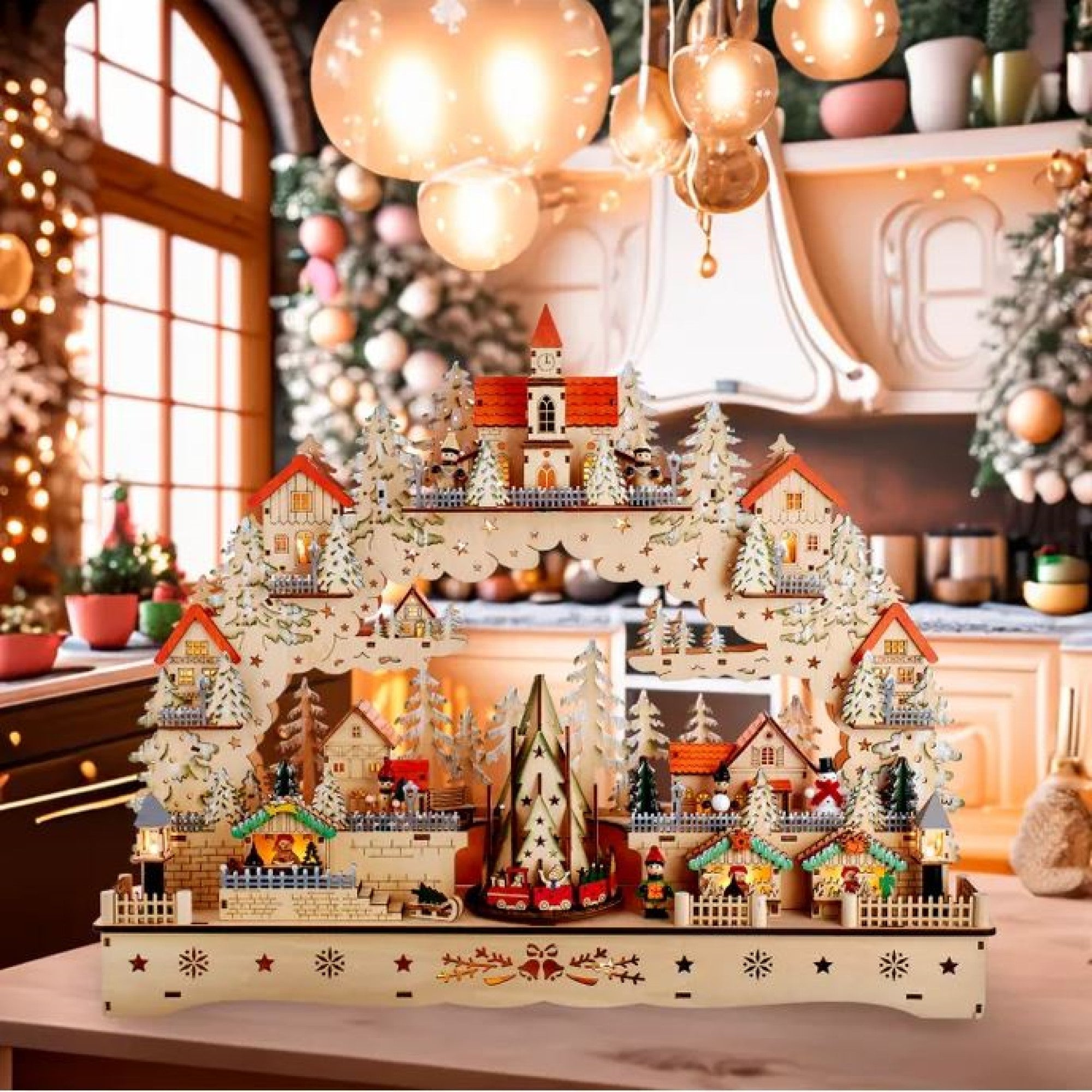 Kurt Adler Wooden LED Light-Up Musical/Motion Christmas Village, 18.5in