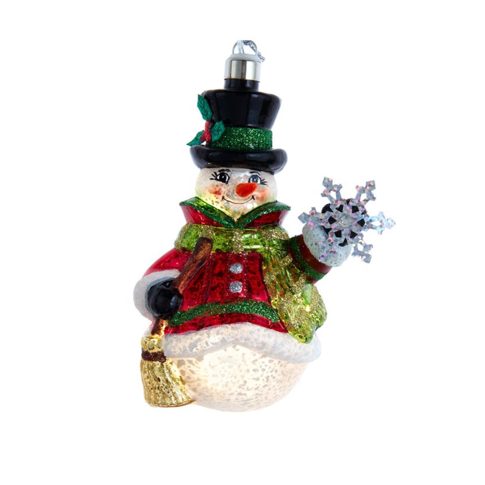 Kurt Adler Pre-lit Hanging Glass Ornament, Warm White LED's, USB-Powered Snowman with Snowflake